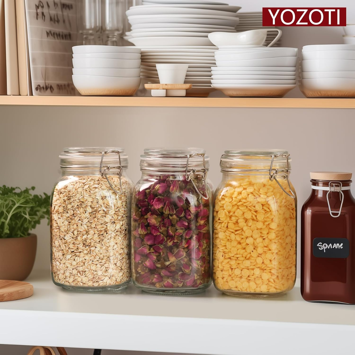 YOZOTI 50Oz Airtight Glass Jars with Lids, 3 PCS Food Storage Canister for Kitchen & Pantry Organization and Storage, Square Mason Jar Containers for Storing Sugar, Flour, Cereal,Coffee,Cookies image number 3