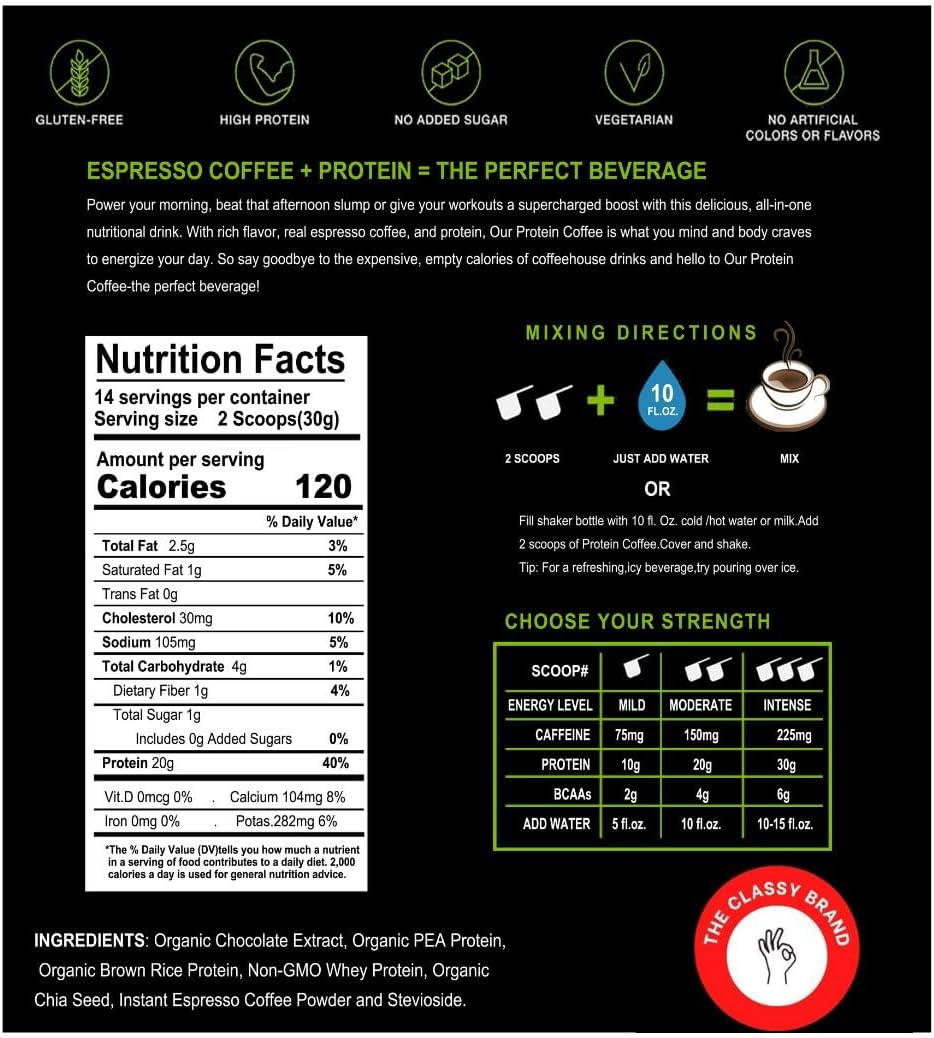 Classy Brand High Protein Coffee, 1 G Sugar, 20 G Protein, 14 Servings, 420 G, Chocolate Flavour, Hot or Cold, No Artificial Colours.