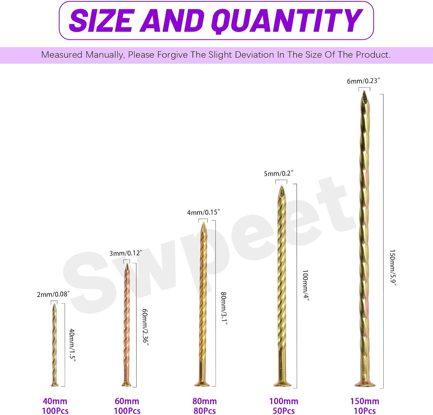 Swpeet 340Pcs 5 Sizes 40/60/80/100/150Mm Carbon Steel Colored Zinc Plated Fence Deck Nails Assortment Kit, Spiral Shank Spikes Spiral Deck Nail for House Floor Repairing Wall Woodworking image number 3
