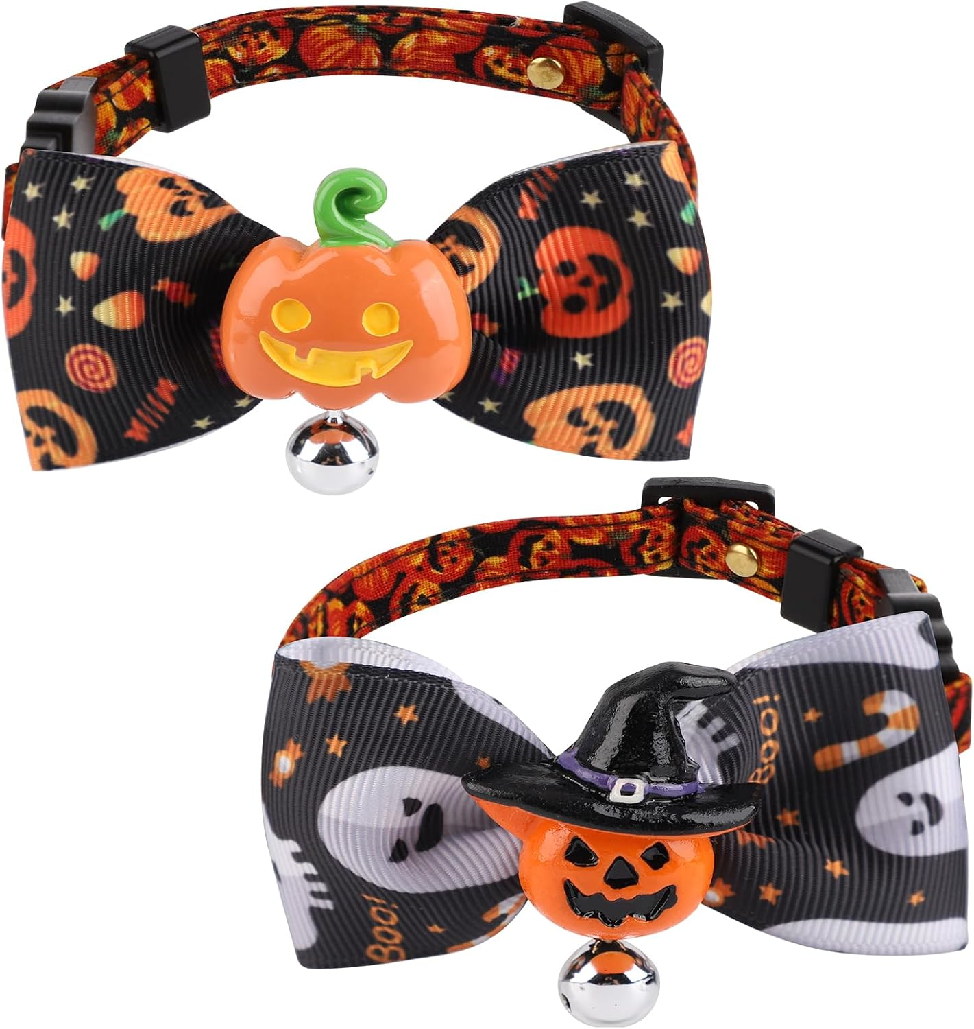 2Pcs Halloween Pet Collar, Cute Dog Collar Bowties Halloween Cat Collar with Bell Puppy Collar with Bow Tie Kitten Collar for Cats and Dogs(Pumpkins & Hooded Pumpkins) image number 1
