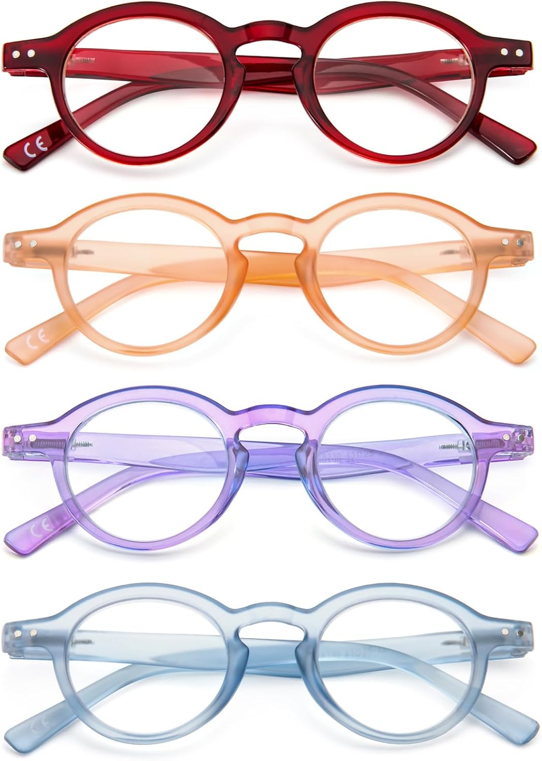 Kokobin 4-Pack Small round Reading Glasses Comfortable Readers Colored Stylish Frame for Women