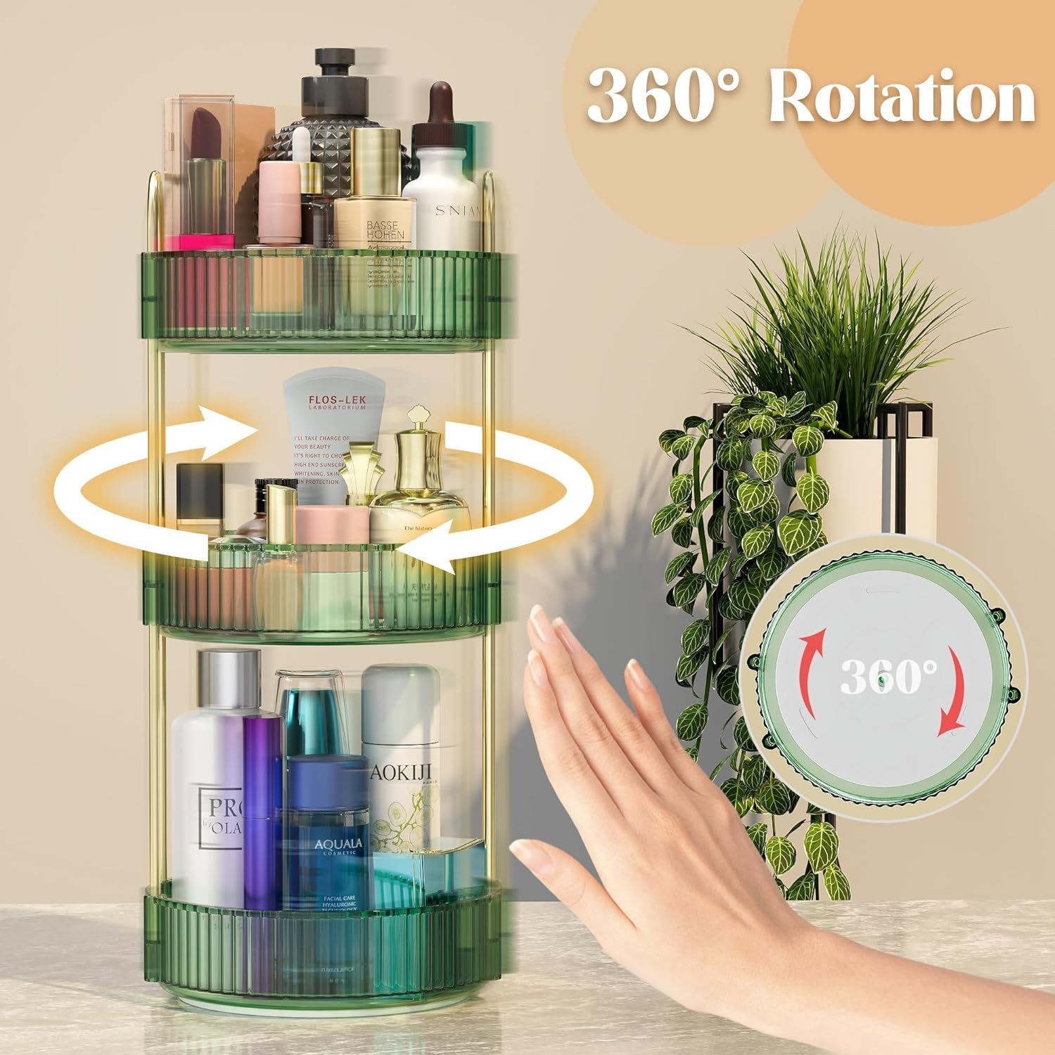 Tinyso 3 Tier Rotating Makeup Organizer for Vanity,Skincare Perfume Storage Organizersbathroom Counter Organizer for Make up Cosmetic Lipstick,Clear Spinning Organizer Perfume Holder (Green, 3Tier) image number 2