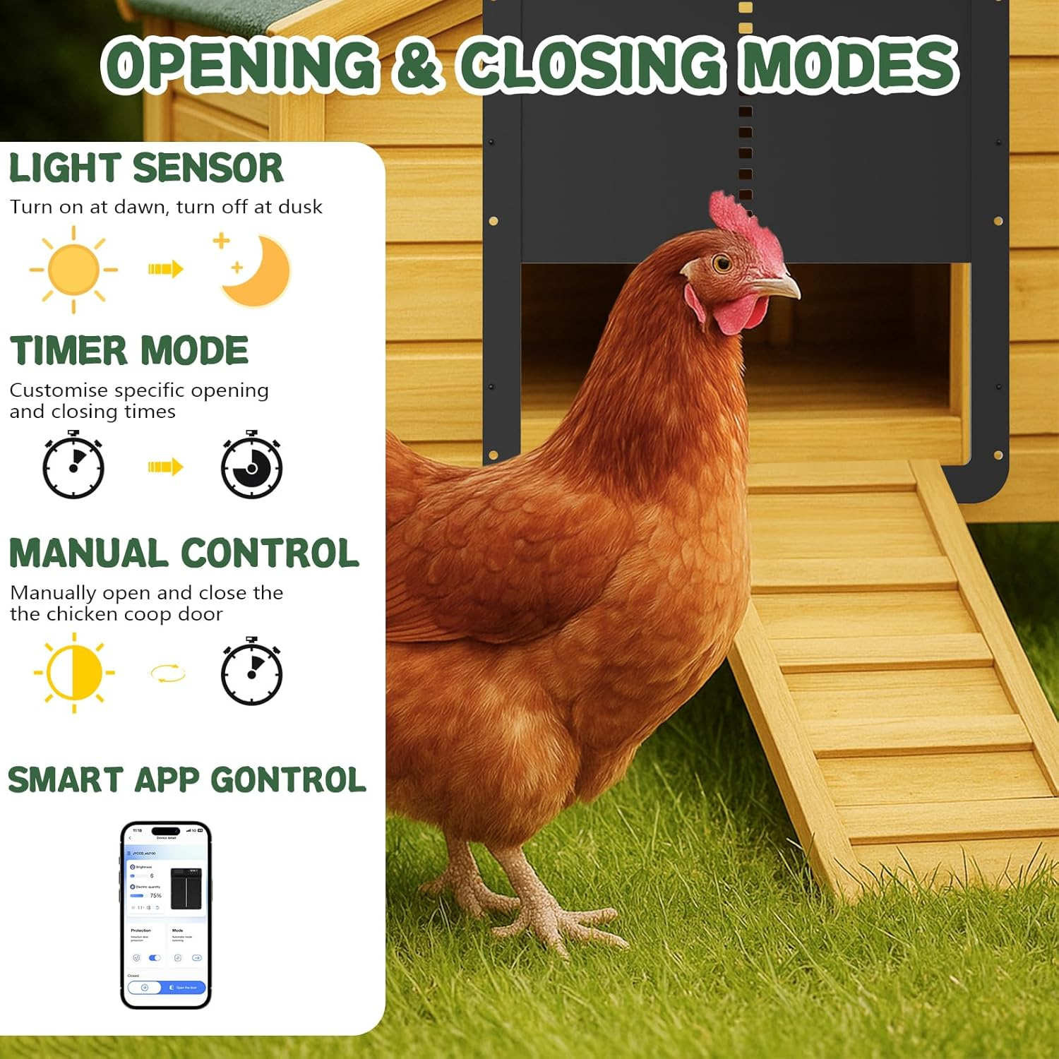 Advwin Automatic Chicken Coop Door Programmable with App Control - Solar Powered Rechargeable Battery | Light Sensor & Timer | Anti-Pinch | Aluminum Alloy image number 5