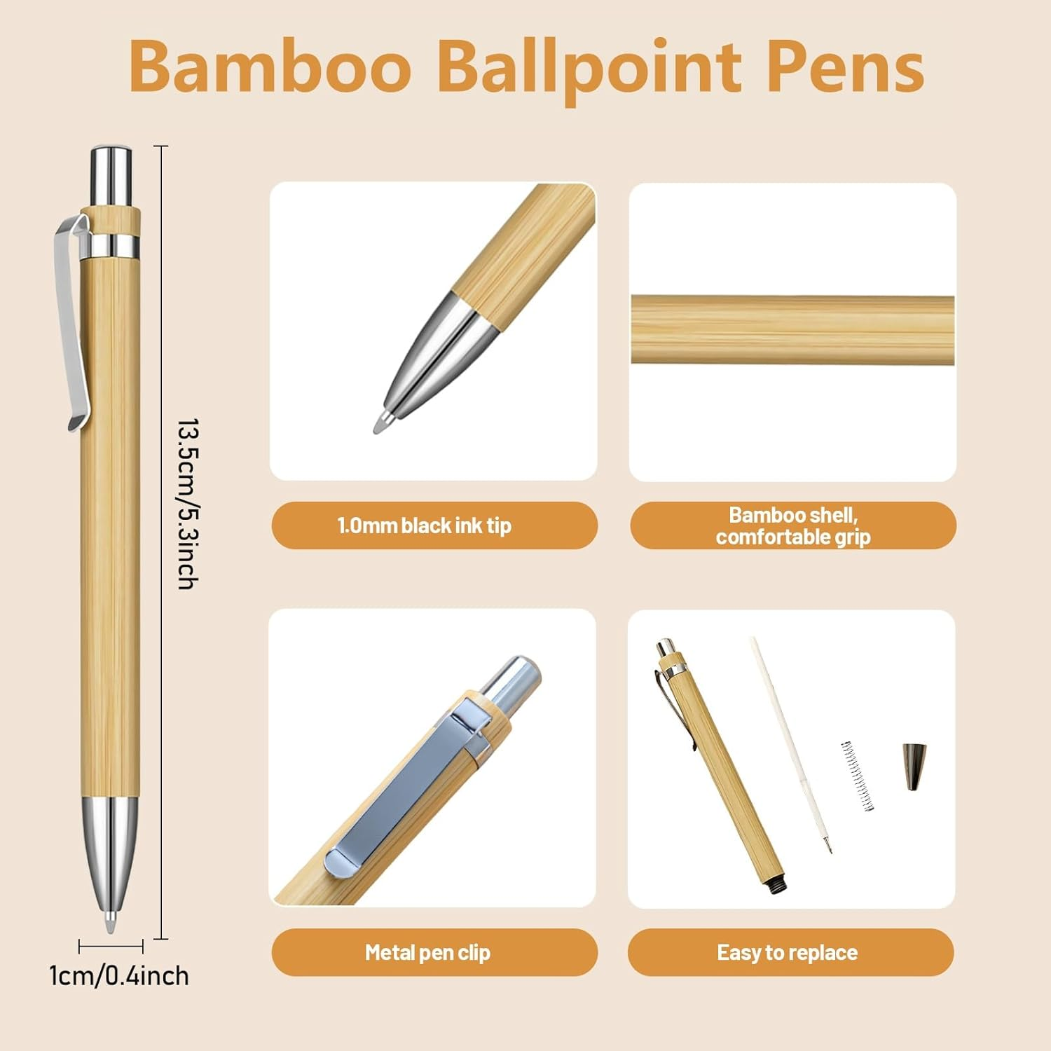 12 Pcs Bamboo Retractable Ballpoint Pens Black Ink 1Mm Pen with Clip, Wooden Retractable Ballpoint Pen, Wood Bamboo Pens for Men Women Employee Writing Signature Journaling Home Office School