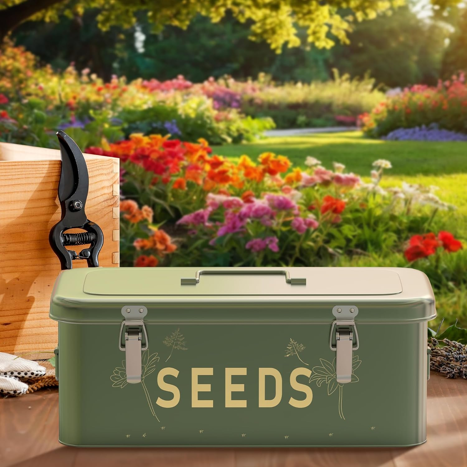 Orionstar Seed Storage Organizer, Metal Seed Saving Box with Lid, Seed Bin with 30 Plant Labels 30 Seed Envelopes 1 Marker Pens, 4 Compartments Box with Safety Locks, Blackish Green image number 6