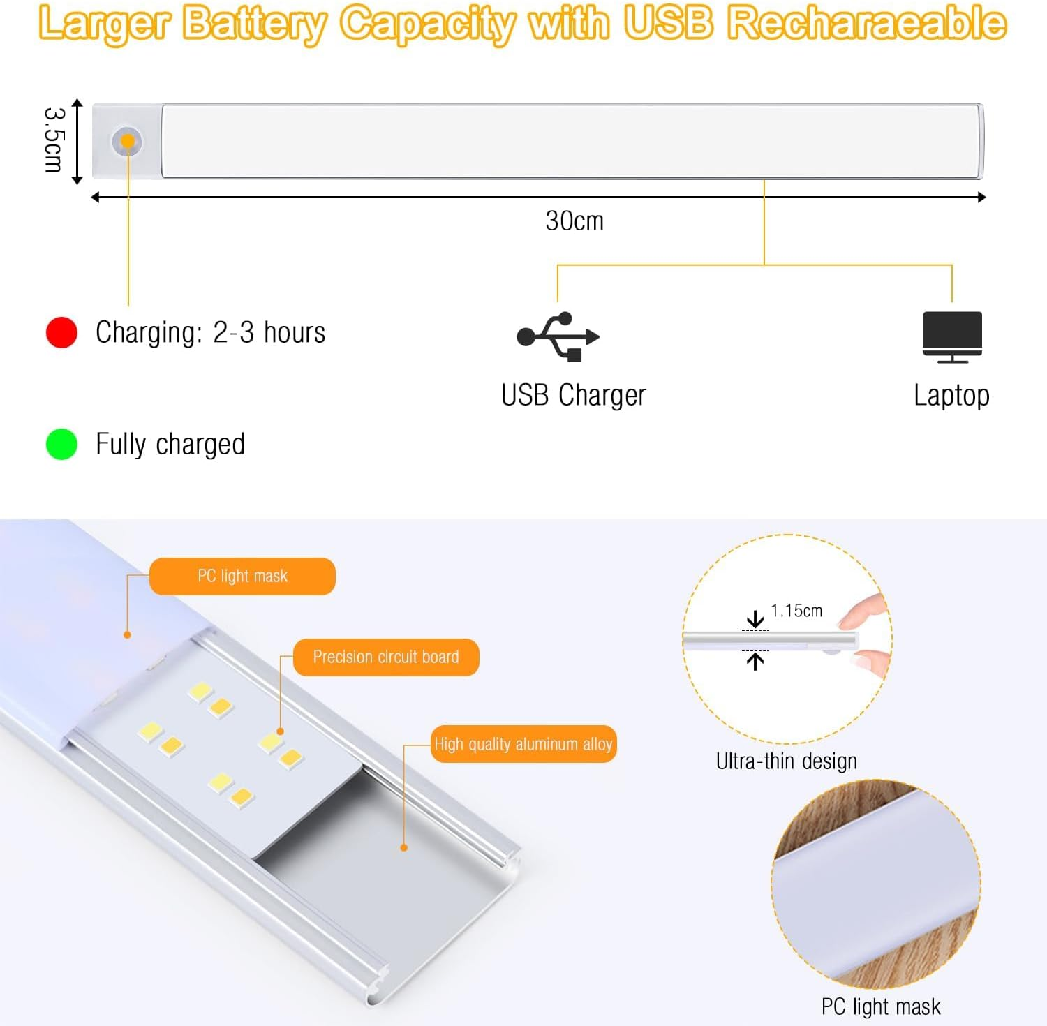 Yakiter Motion Sensor Closet LED Lights, 2 Packs 3-Color Dimming 2500Mh Rechargeable under Cabinet Night Light, 30Cm Slim Magnetic Closet Light, Wireless Light for Kitchen, Staircase, Wardrobe(2) image number 3