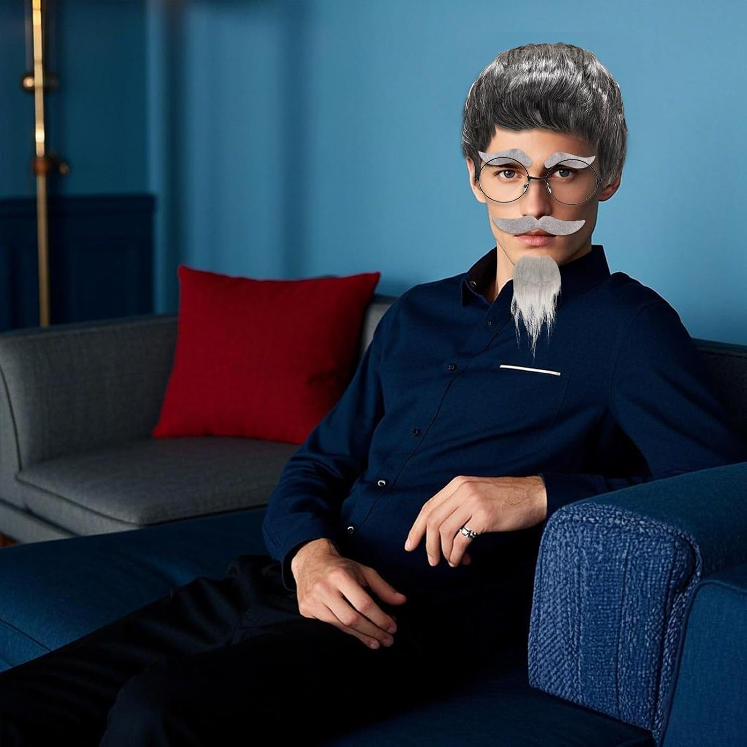 Old Man Wig Mustache Set Old Man Costume Kit Grandpa Costume Accessories Grey Wig Fake Beard Eyebrows Glasses for Men Adults Teens for Halloween 100Th Day of School image number 1