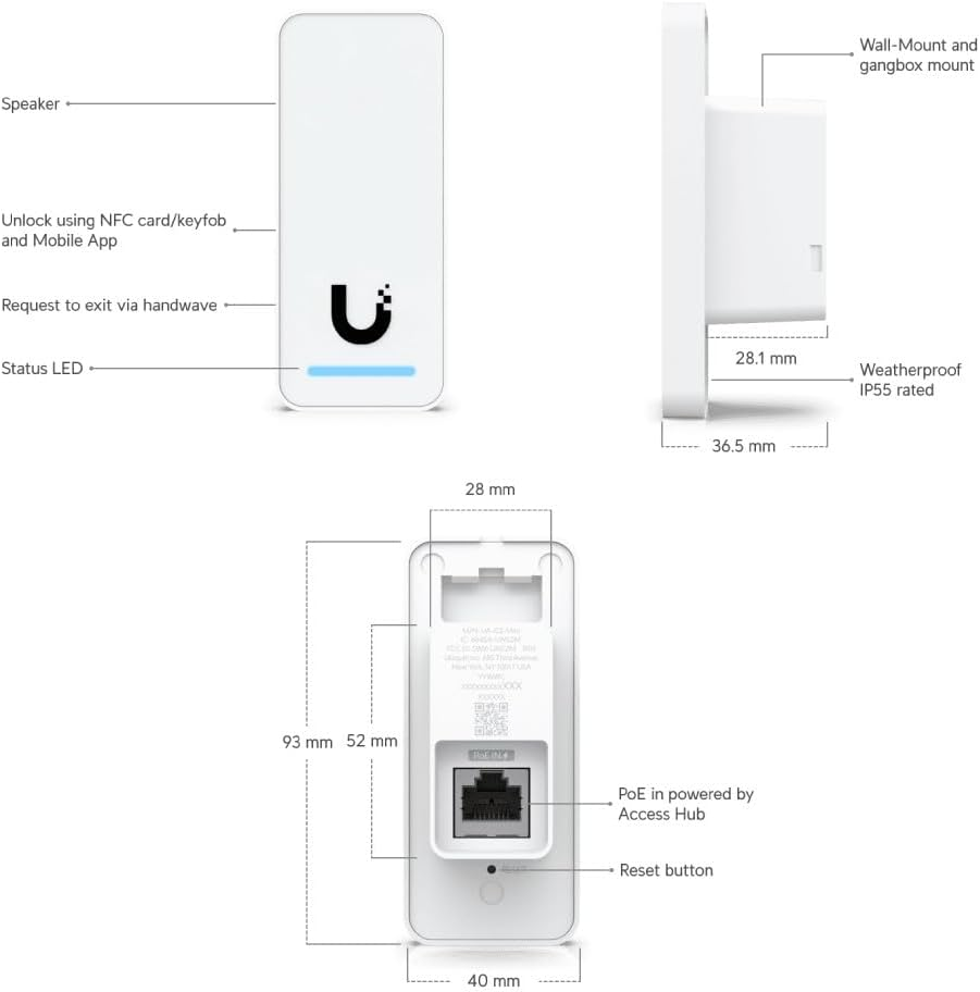 UBIQUITI Unifi Access Reader G2, Entry/Exit Messages, IP55 Weather Resistance, Additional Handwave Unlock Functionality image number 5