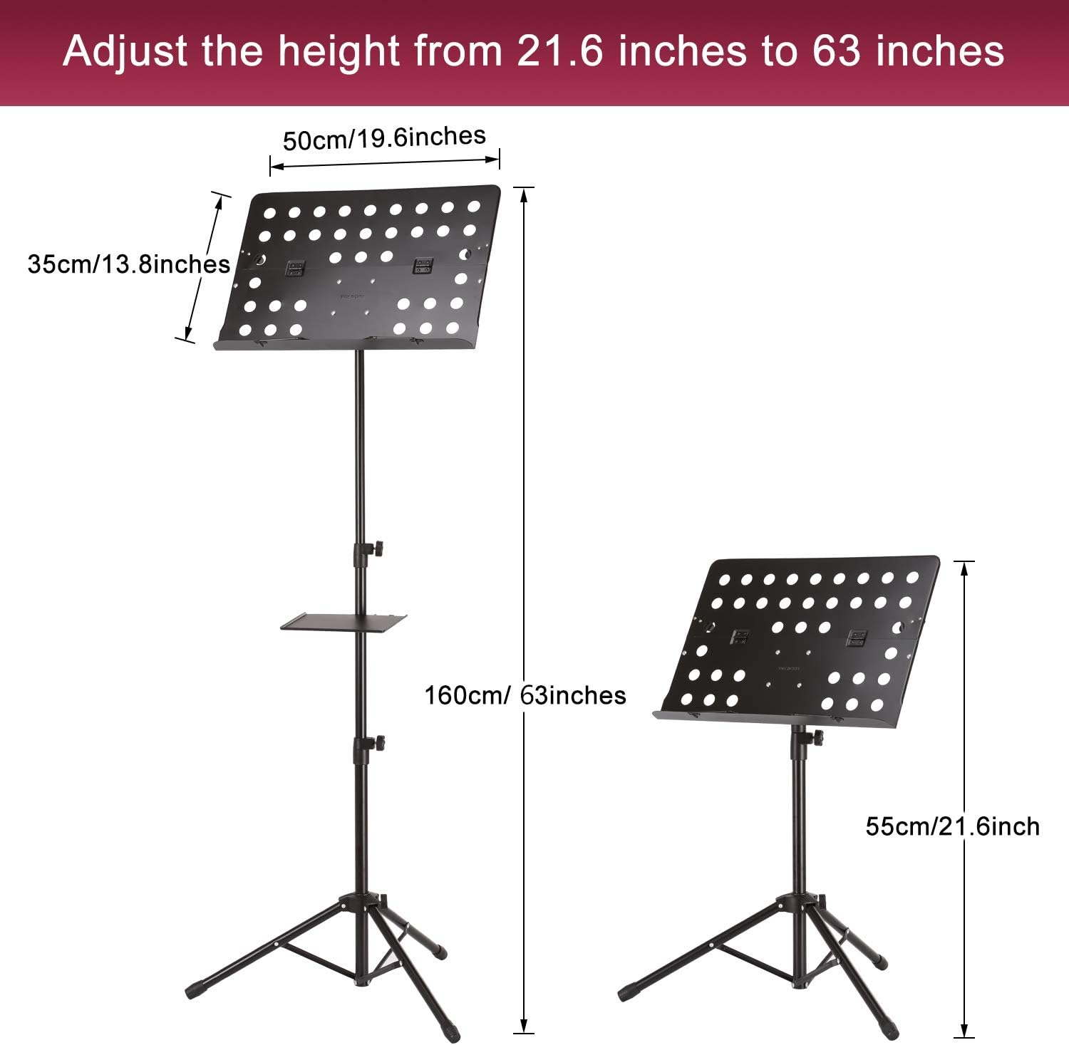 IMAGE 55-160 Cm Sheet Music Stand Adjustable and Foldable Travel Metal Music Stand with Music Tray, Carrying Bag, and Music Sheet Clip Holder for Instrumental Performance image number 3