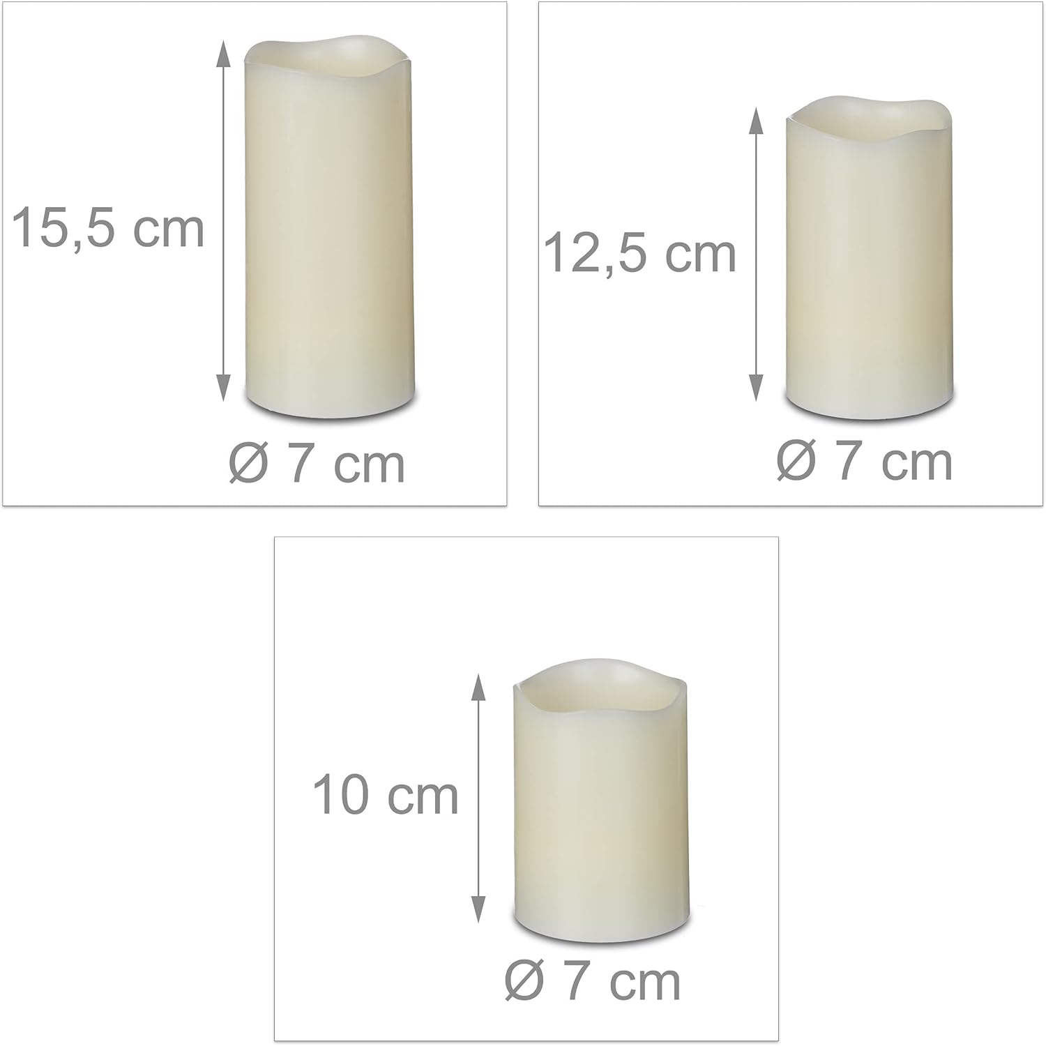 Relaxdays LED Candles Real Wax Set of 3 Electric Candles Flickering Bright Battery Operated Diameter 7 Cm 3 Sizes Cream image number 3
