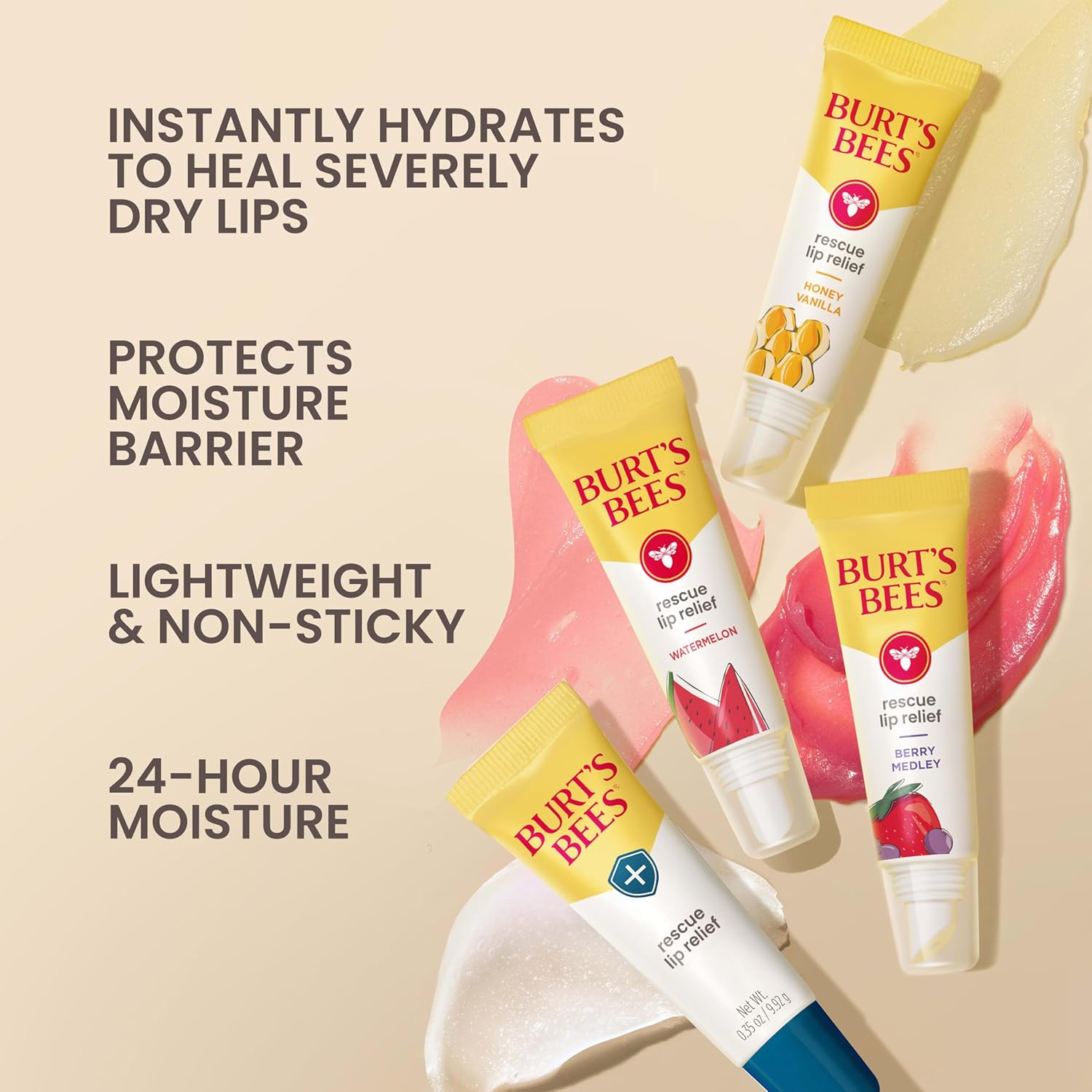 Burt'S Bees Rescue Lip Relief, Honey Vanilla, Hydrating Lip Balm for Dry Cracked Lips, with Responsbily Sourced Beeswax and Shea Butter, 100% Natural Origin, 1 Squeezy Tube, 0.35Oz image number 6