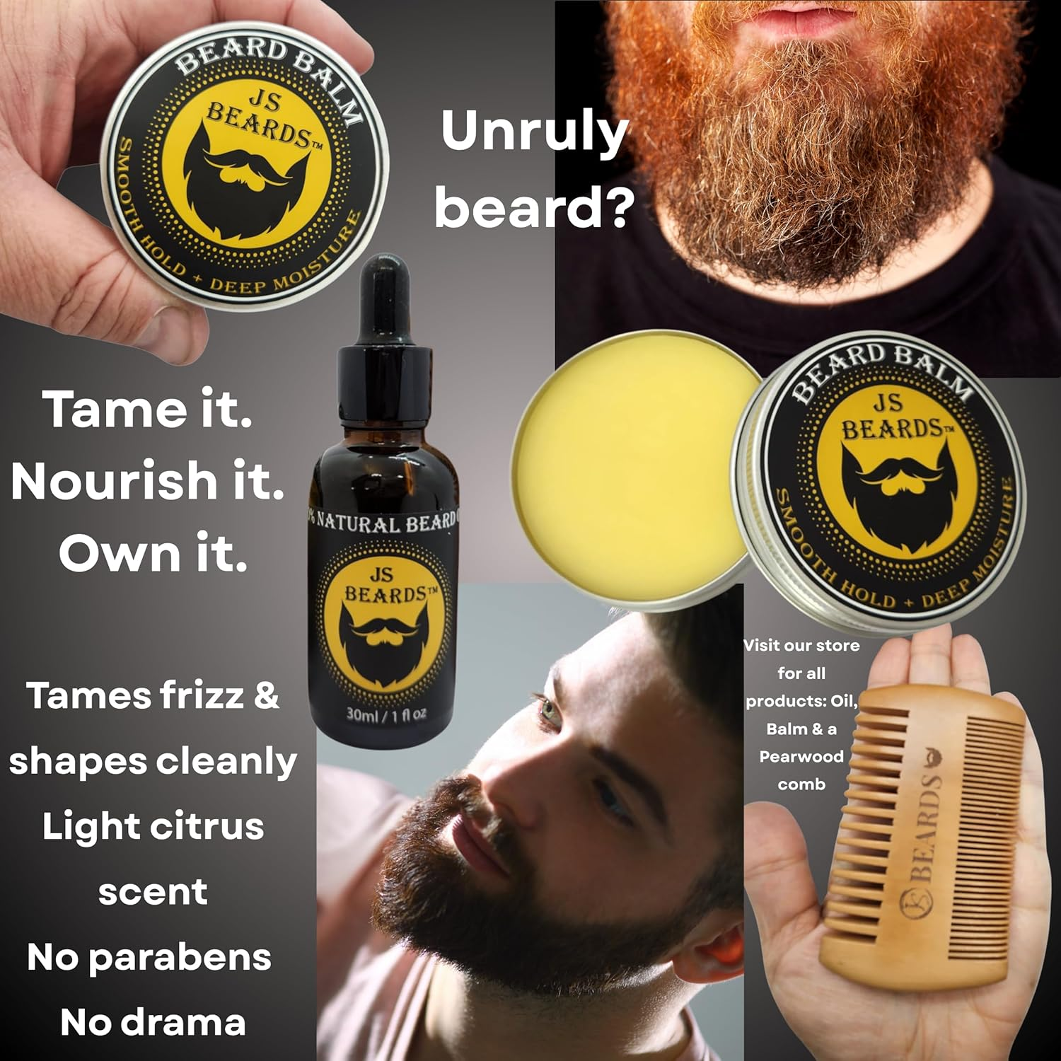 JS Beards All Natural Beard Care Collection 4Pc Grooming Kit &ndash; Oil, Balm, Pearwood Comb, & Jute Storage Pouch &ndash; Men&rsquo;S Gift - No Parabens No Silicone - by Jane Sweetpea image number 4