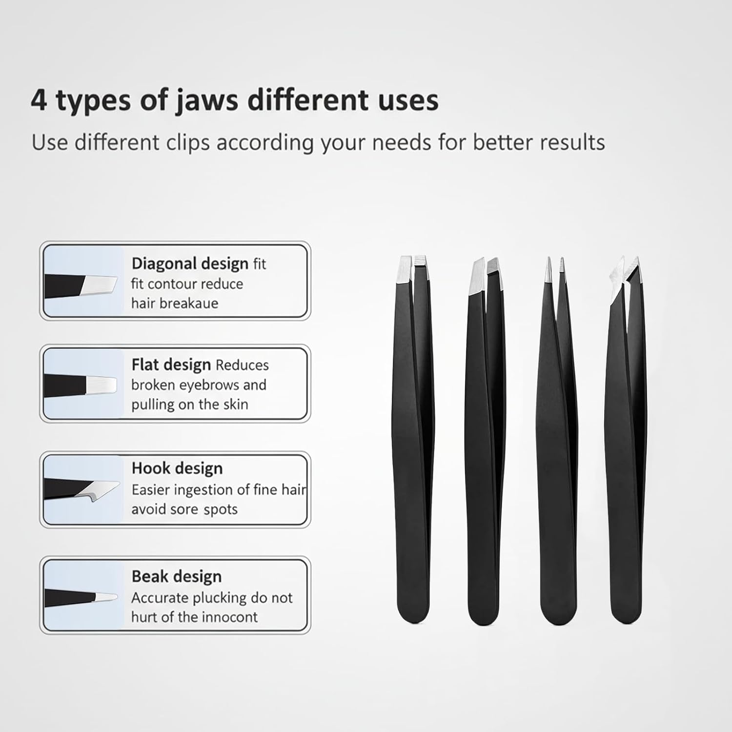 Tweezers Set, High Precision Stainless Steel Eyebrow Tweezers for Facial Hair, Inward Growing Hair and Splinter Remover Kit, Suitable for Women and Men, 4-Piece Set (Black) image number 2