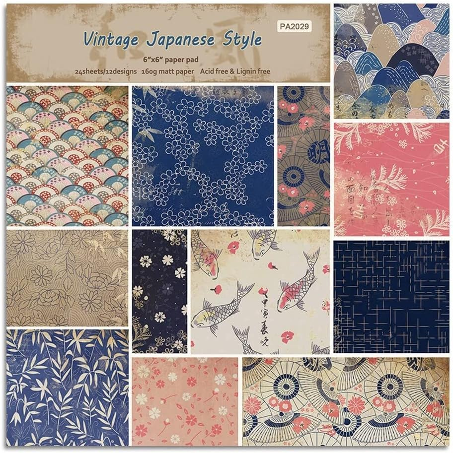 LZBRDY Vintage Japanese Style 6"X6" Junk Journal Decorative Craft Paper Pad, 24 Sheet Single-Sided Scrapbook Paper, 160GSM Cuttable Scrapbooking Card Making Album Supplies