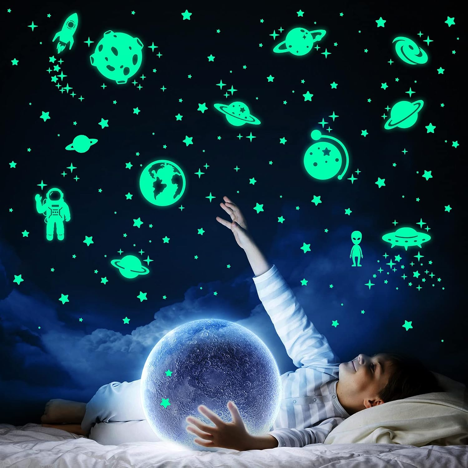 260 PCS Glow in the Dark Stars, Glowing Stars for Ceiling, Star Wall Decals Solar System Space Galaxy Planets Wall Stickers for Kids, Girls Boys Room Decorations for Bedroom - A-Green Space image number 3