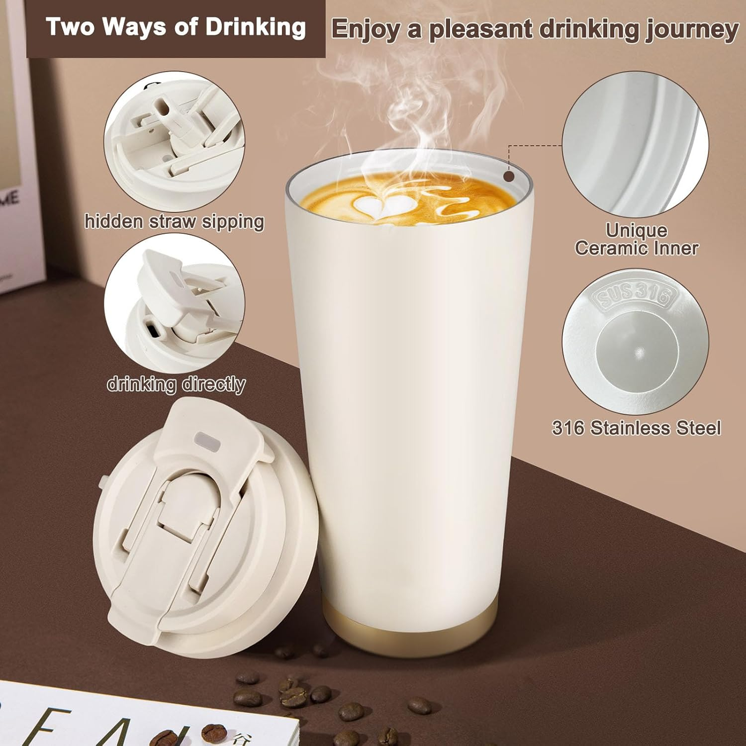 XHOMI Thermos Coffee Mug with Straw Made of Stainless Steel, 530 Ml Leak-Proof Insulated Mug with Lid for Hot & Cold Drinks (White) - White image number 4