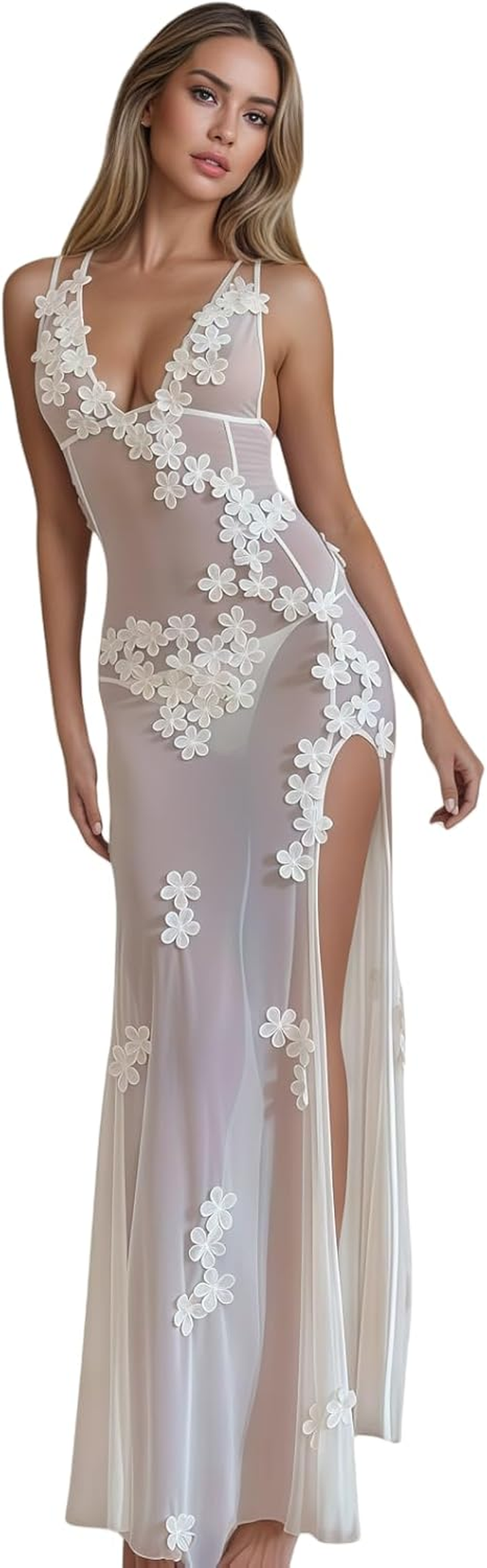 RARITYUS Women Sexy See through Lace Maxi Dress Floral Applique Maternity Bodycon Dress Vacation Beach Cover up Dresses image number 3