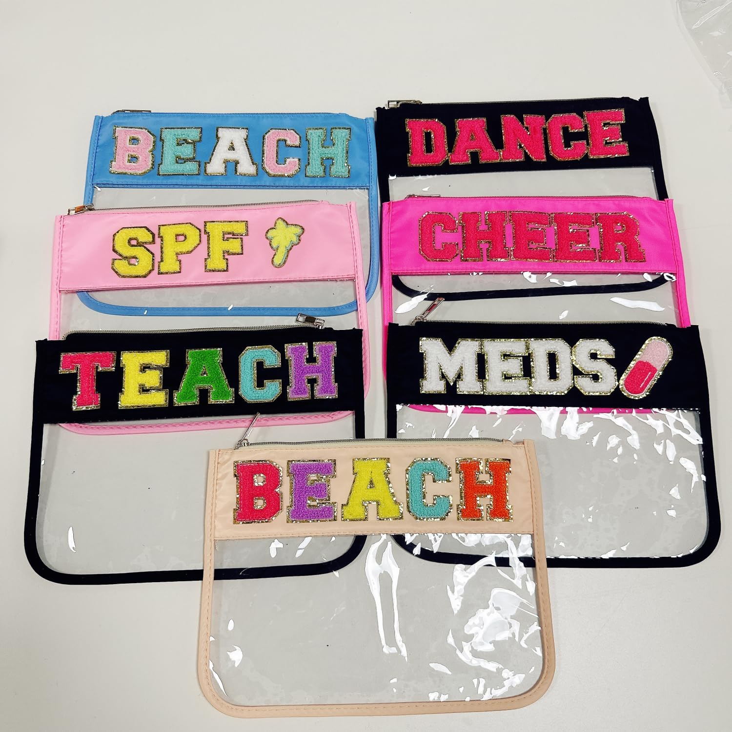 Clear Makeup Letter Bag Chenille Glitter Varsity Letter Patch Zipper Toiletry Pouch Travel Beach Summer Pool Bag Gifts for Women Girls(Beach-Blue), Cheer-Hot Pink - Dance-Black image number 2