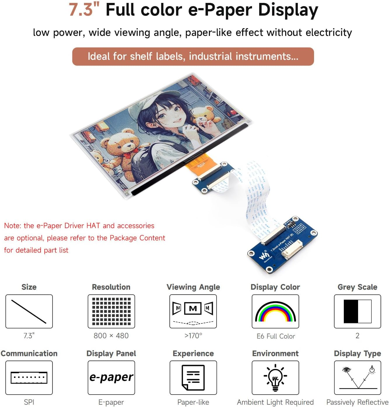 Waveshare 7.3Inch 6-Color E-Paper Display Module, Compatible with Raspberry Pi 5/4B/3B/Zero/Zero W/Zero 2W/Pico/Pico W/Pico WH, Support Jetson Nano/Jetson Orin Nano image number 3