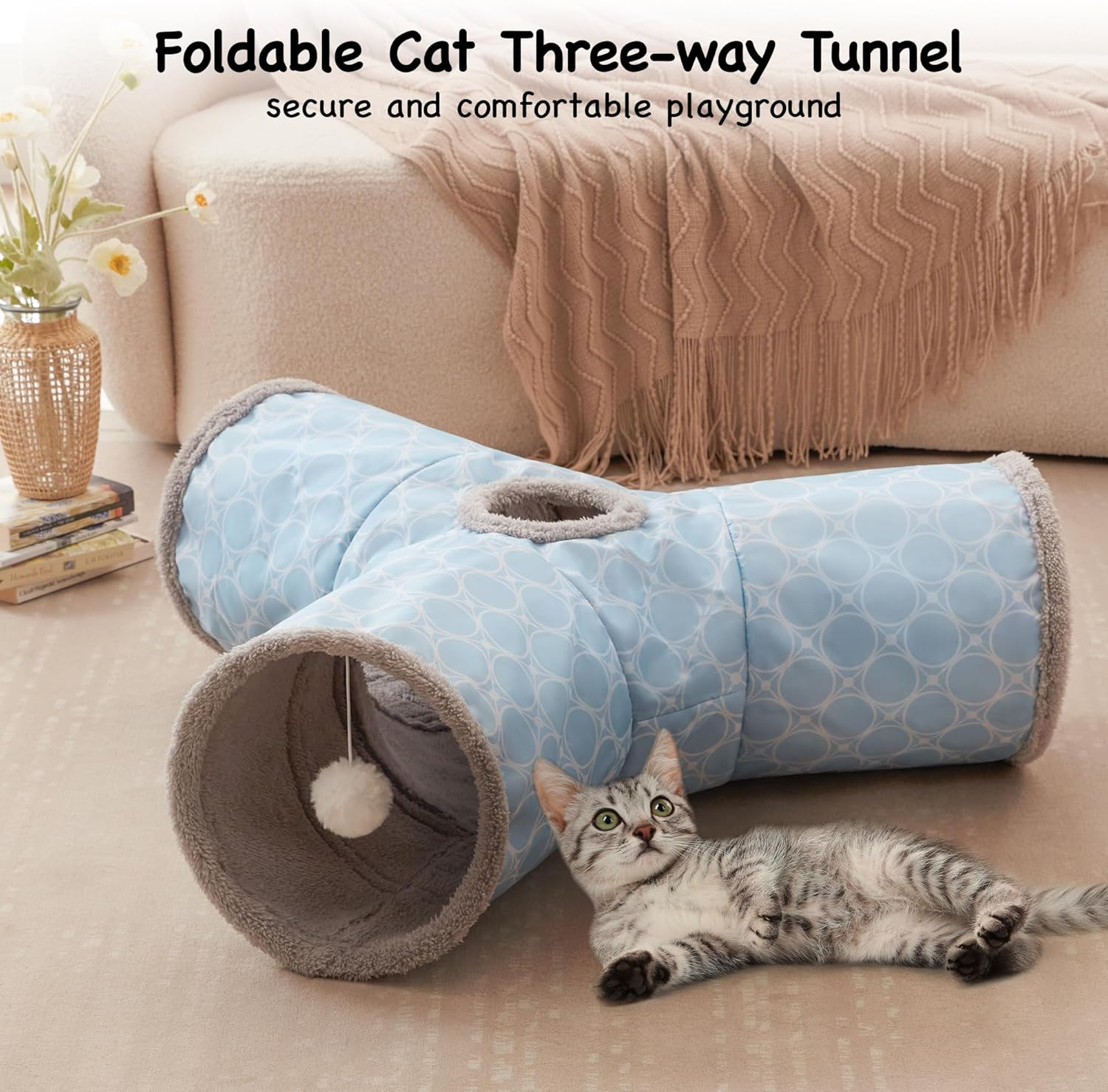 Tempcore Cat Tunnels for Indoor Cats Fleece-Lined in for Warmth, Pet Tube Toys 3 Way Collapsible, Pet Play Tunnel with Peek Hole Toy Ball for Kitty, Kitten, Rabbit, Geometry Blue - 3-Way Blue image number 2