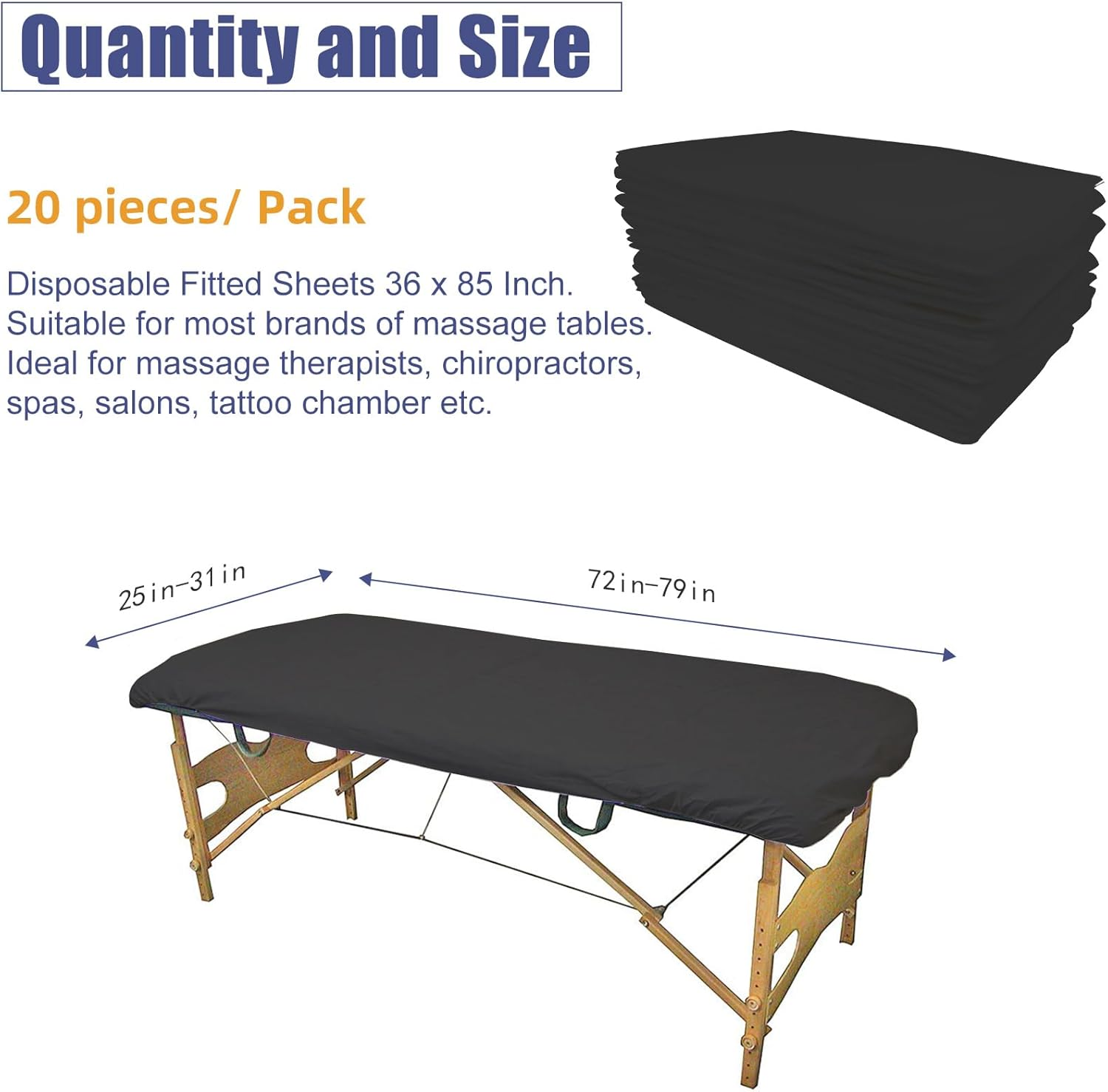 20PCS Disposable Fitted Massage Table Sheets, Heavy Duty Elastic Disposable Bed Cover, Breathable Disposable Fitted Sheets for Spa Black Non Woven Fabric 36 X 85 Inch image number 4