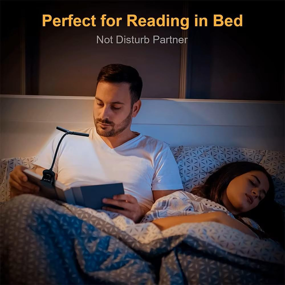 Quntis Reading Light - 14 LED Clip-On Book Light with Stepless Dimming & 3 Colors, 360&deg; Flexible USB Gooseneck for Bed/Desk/Study, Rechargeable Eye-Caring Lamp for Home Office/Night Reading, Black image number 6