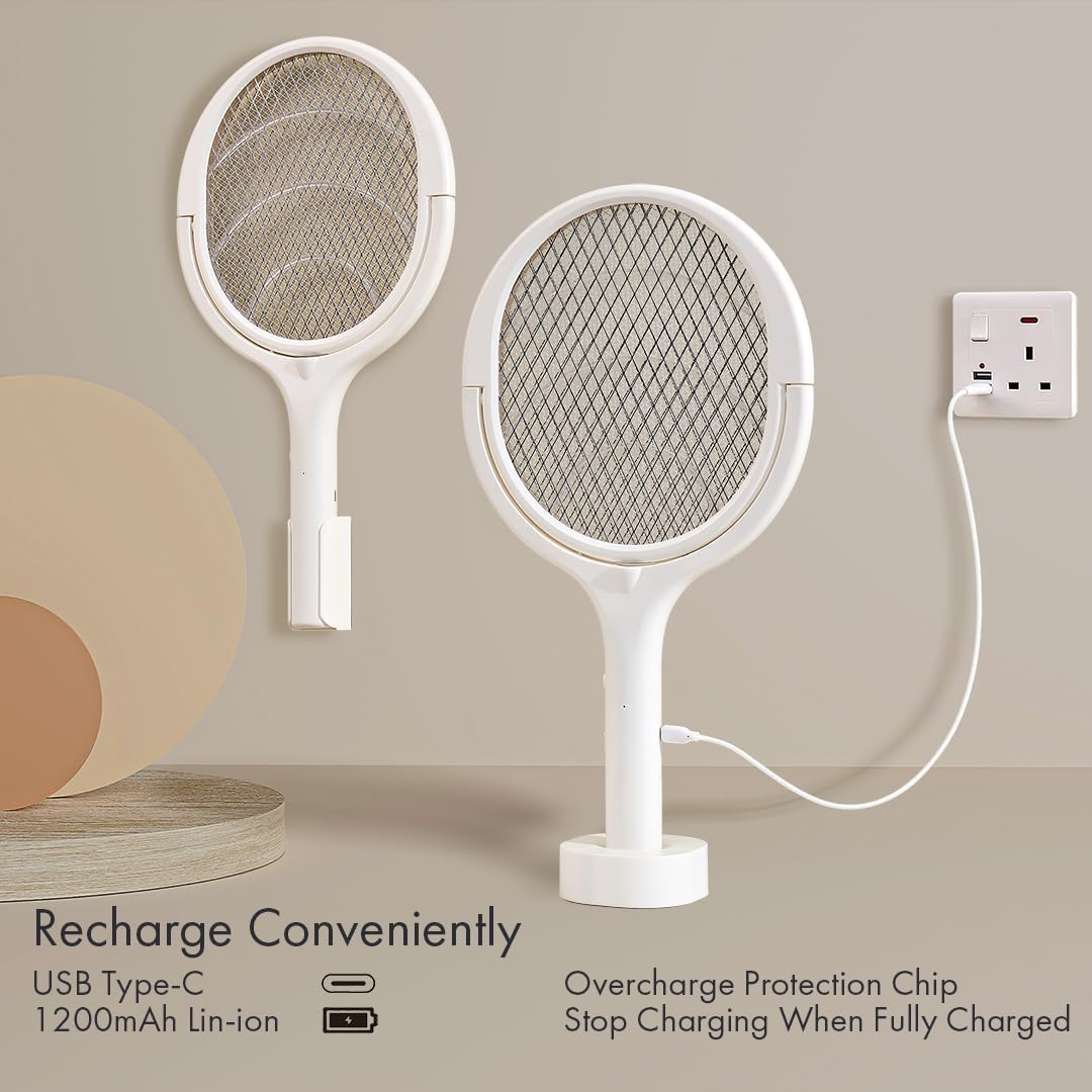 Electric Fly Swatter,3200V Electric Bug Killer with USB Charging 5 Layer Mesh Outdoor Indoor Fly Swatter Electric Zapper for Mosquitoes,Bees,Moths（White） image number 3
