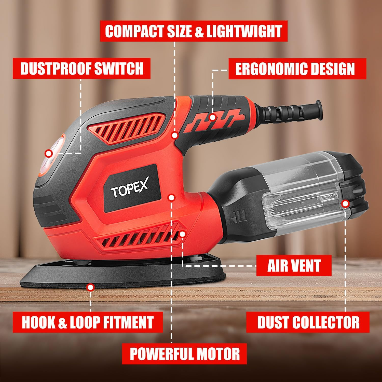 Topex 200W Electric Detail Sander Power Detail Sander Electric Sander Handheld Sanding Machine Small Triangular Palm Sander for Home Decoration Furniture Finishing with Sandpaper & Dust Box image number 5