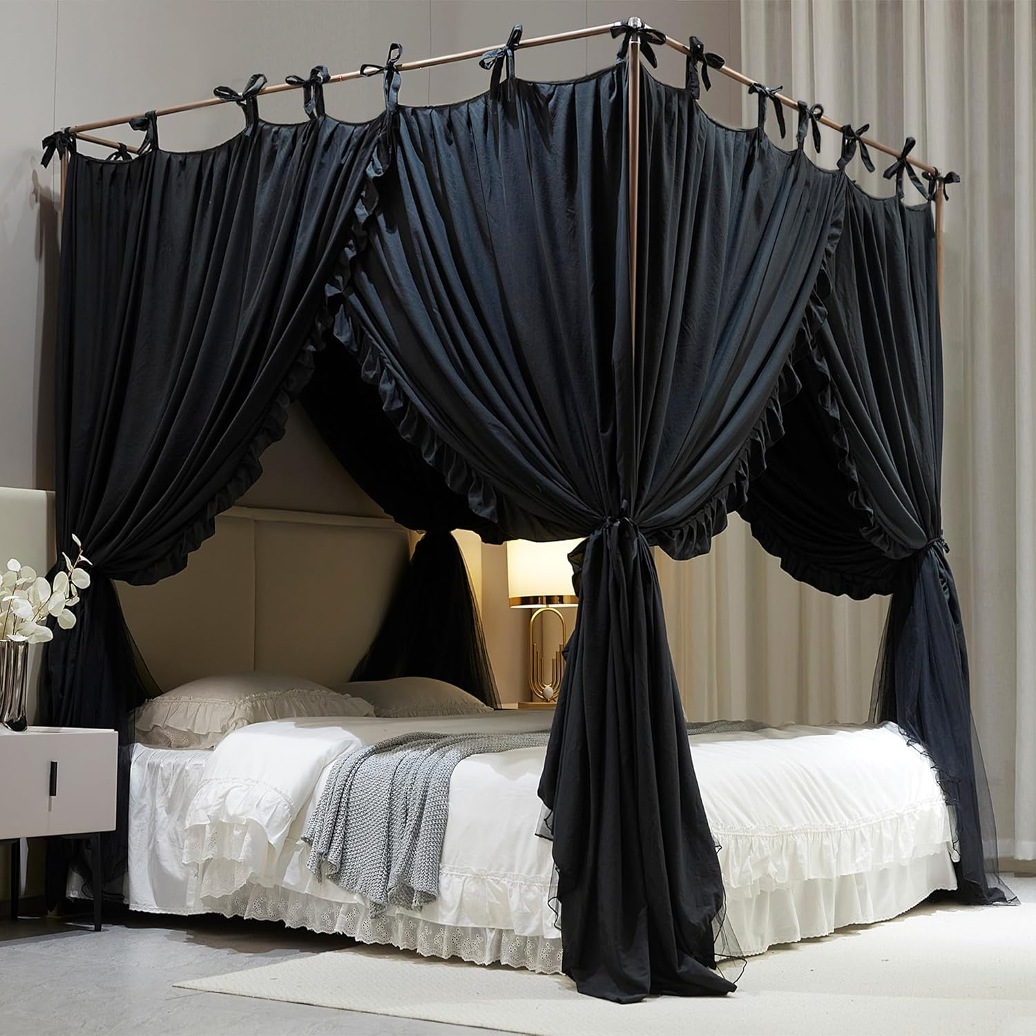 4 Corners Post Princess Curtain Bed Canopy Double Layer Cozy Mosquito Net Mesh and Cloth for Girls Adults Bedroom Decoration (Double-Black/Black, 64" W*82" L*82"*H/(Queen)) image number 7