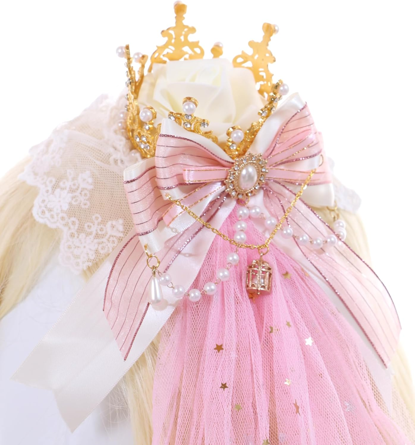C-105-2 Pink Veil Gold Crown Rose Bow Lace Ruffle Gothic Lolita Party Celebration Hair Accessories Head Accessory image number 3