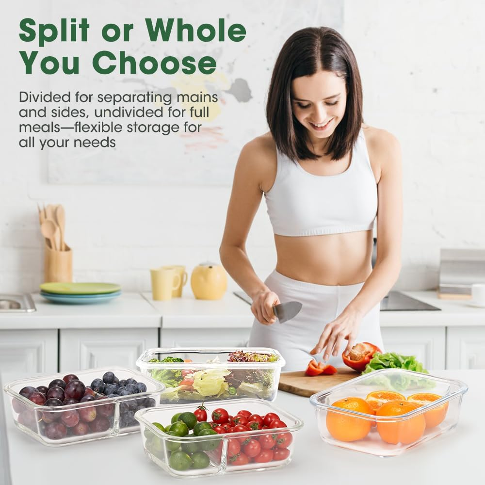 ZUNI 5 Pack 1040Ml(35Oz) Glass Food Storage Containers 2 Compartments, Glass Meal Prep Food Containers with Plastic Lids, Airtight Lunch Box, Microwave, Oven and Freezer Safe image number 3