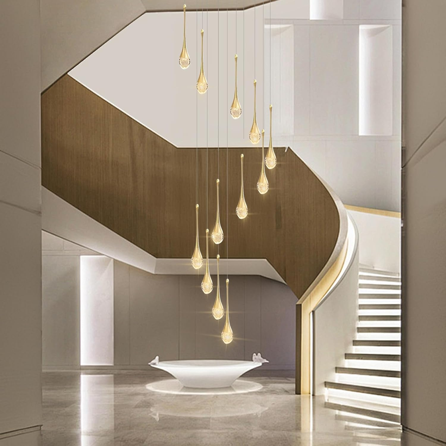 USOR 12-Light High Ceiling Chandeliers LED Modern Gold Crystal Raindrop Chandelier for Staircase Entryway 3 Colors Dimmable Spiral Large Pendant Light Luxury Chandelier for Living Room Lobby Remote image number 7
