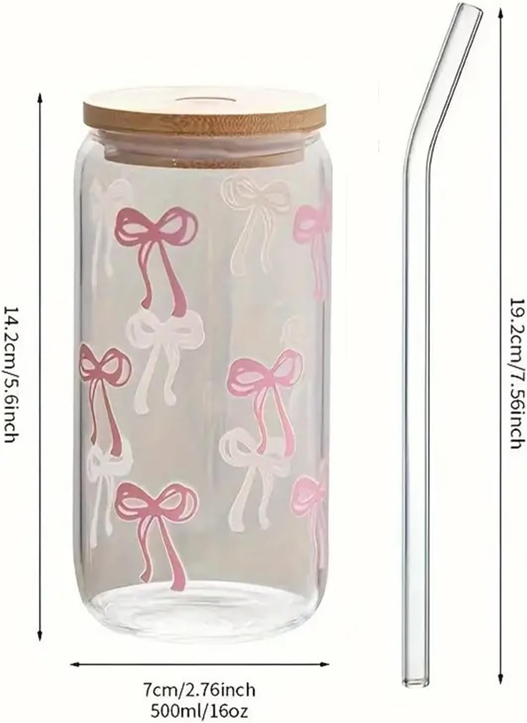 Pink Bow Tumbler with Straw and Lid Aesthetic Glass Cups Iced Coffee Cup Pink Cute Glass Cups 17Oz Tumbler Smoothie, Gifts for Girls Women Friends, 520Ml image number 2