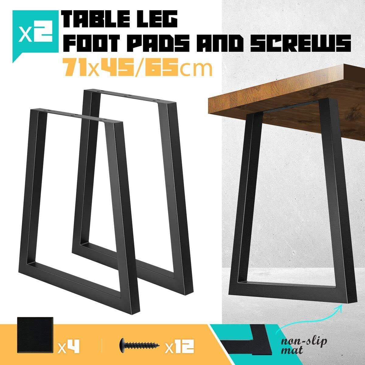 Luxsuite 2PCS Steel Table Legs Metal Desk Trapezoid Leg Feet Base Heavy Duty for Dining Coffee Tables DIY Furniture Legs Industrial Style 71Cm Height Black image number 1