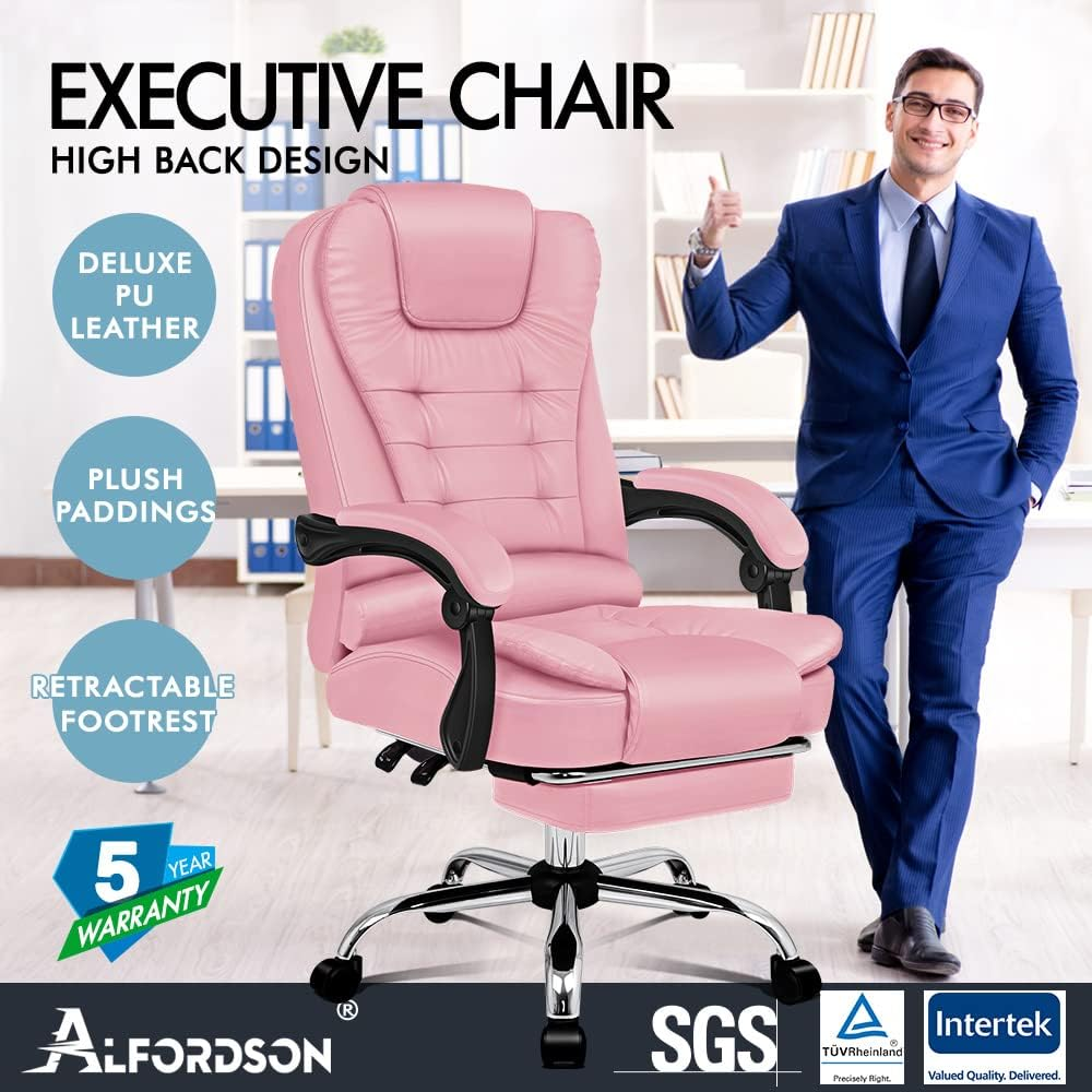 ALFORDSON Ergonomic Office Chair with 150&deg; Recline & Footrest, Computer Desk Chairs with SGS Approved Gas-Lift, Executive Swivel Leather Video Game Chair, Max 180Kg (Earl Pink) - Pu Black image number 2