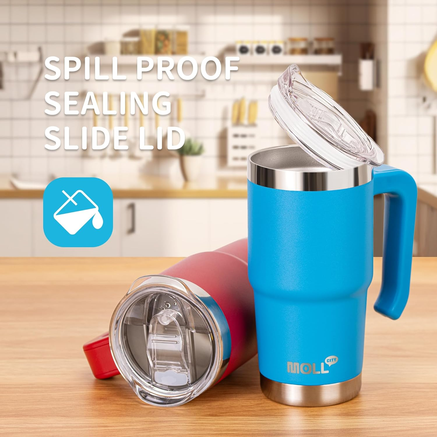 Mollcity 16 Oz Tumbler with Straw Stainless Steel Double Wall Vacuum Insulated Coffee Cup with Lid and Handle-Reusable Travel Mug for Women, Girls(Sky Blue) image number 2