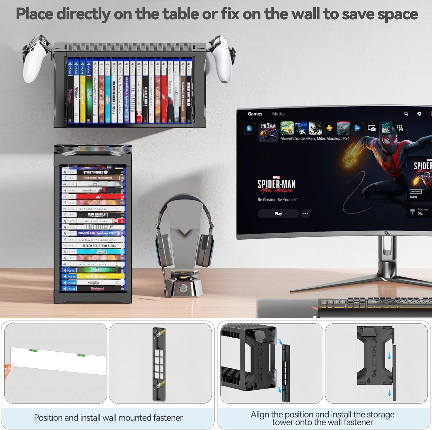 Kytok Video Game Storage Stand Tower with Controller Holder, Wall Mount Game Disc Case Organizer Compatible with PS5 PS4 Nintendo Switch Xbox Series/One, Vertical & Horizontal Stand for 20 Gaming Disc