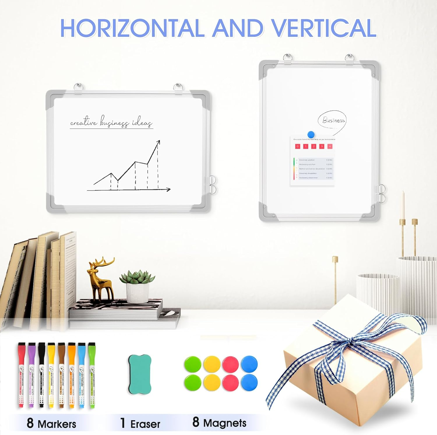 QUEENLINK Magnetic Whiteboard with Aluminum Frame, 30 X 40 Cm Double-Sided White Board, Includes 8 Markers, 1 Eraser, 8 Magnets, Hanging Board for Office, Classroom, Home Study image number 5