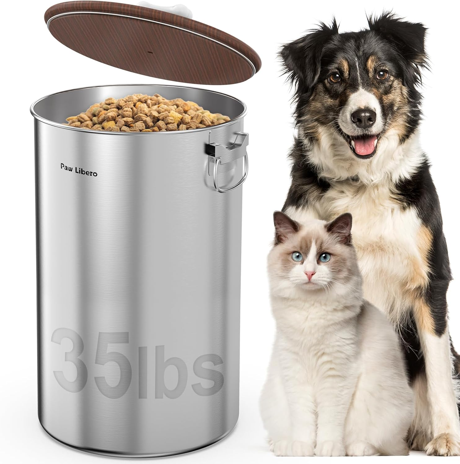 35 Lbs Stainless Steel Dog Food Storage Container with Airtight Wooden Lid & Ceramic Bone Handle, Large Metal Dog Food Bin for Dogs & Cats, Keep Fresh, Easy to Clean