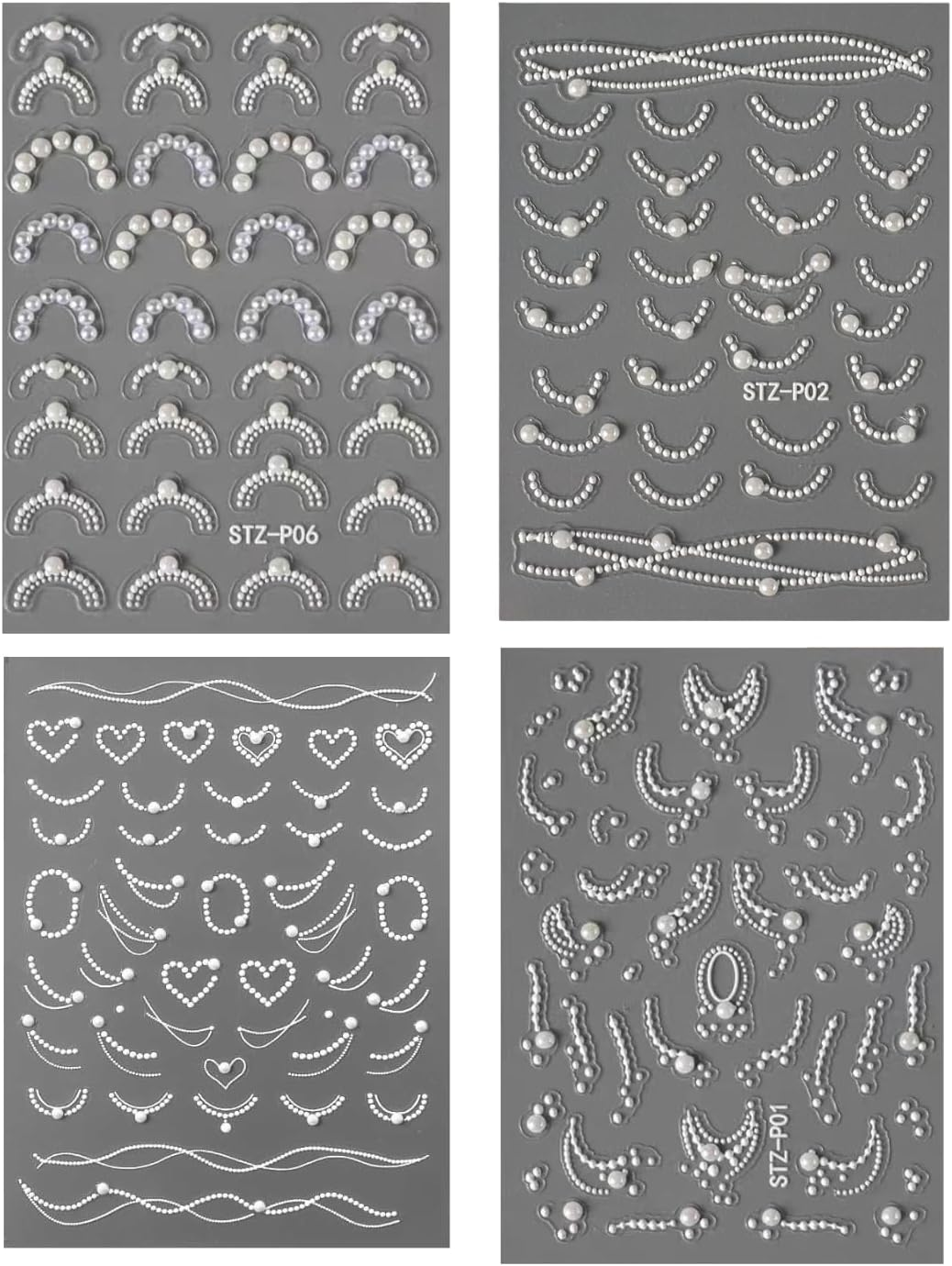 4 Sheets Pearl French Nail Art Stickers 3D Self-Adhesive Nail Decals Design, Wavy Line Heart Nail Decoration Holographic Elegant Chains Nail Sticker Manicure Tips Supplies Nail Decal (White) image number 4