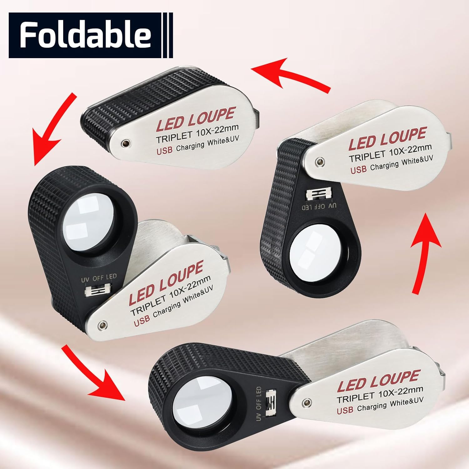 Illuminated Jewelers Loupe Magnifier 10X, Rechargeable Jewellery Magnifying Glass Foldable Jewelry Magnifier LED Loupe Triplet with 6 Leds & UV Light for Gems, Jewelry, Coins, Stamps, Etc image number 5