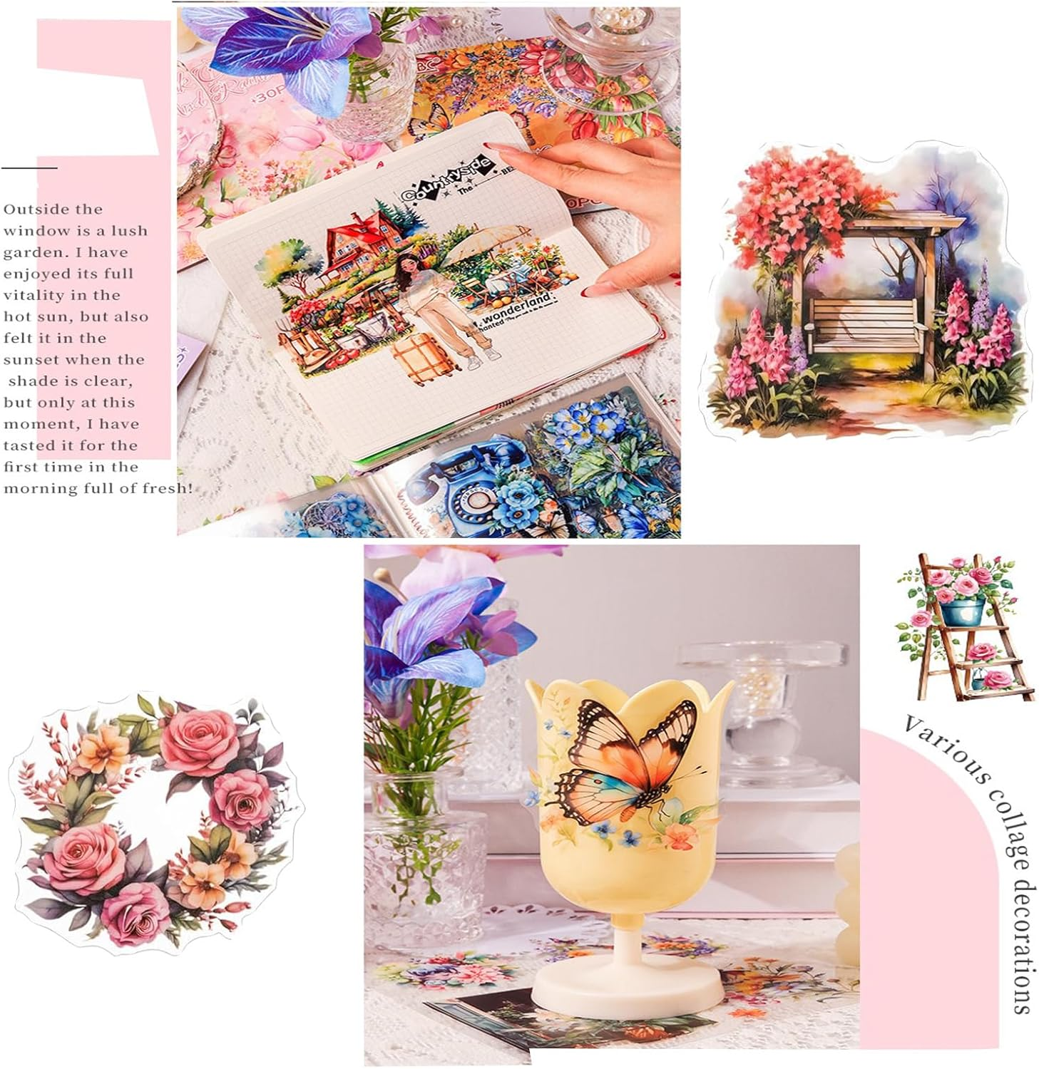 Vintage Garden Theme Scrapbooking Stickers Forjunk Journal - 30 Precut PET Sheets, Multi-Tone Sticker Book for Journals, DIY, Cards image number 6