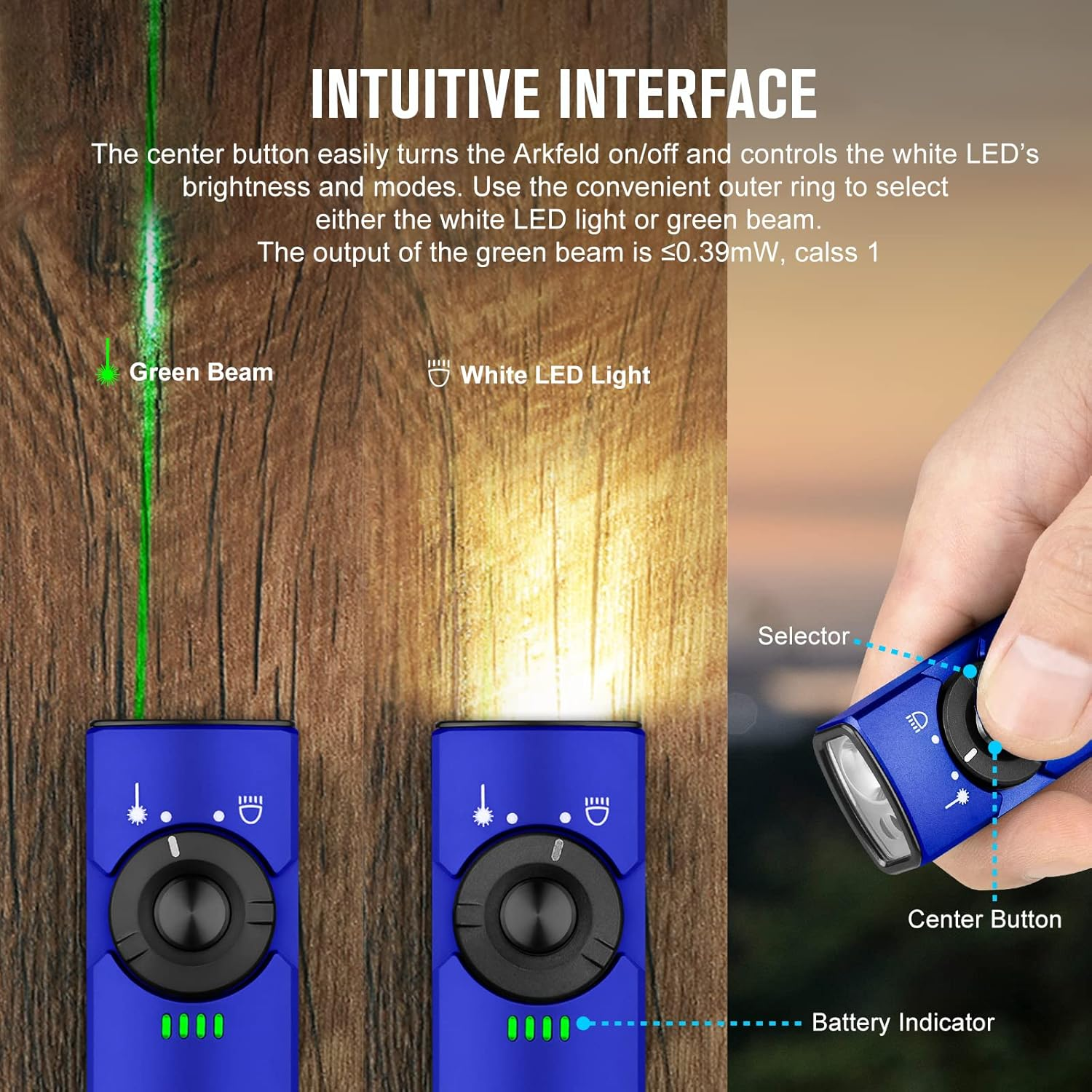 OLIGHT Arkfeld Max 1000 Lumens Rechargeable EDC Flashlight Dual Light Source with Green Beam for Pet, Presentation(Blue, Cool White Light: 5700~6700K) image number 3