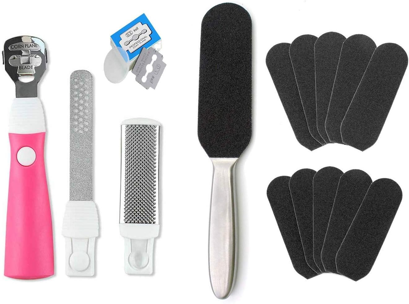 Store2508 Pedicure Foot File and Callus Remover for Hard Skin Stainless Steel Foot Rasp File with Ten Refill Grits Replacement Pads Easy Feet Scrubber for Bath Pedicure Salon