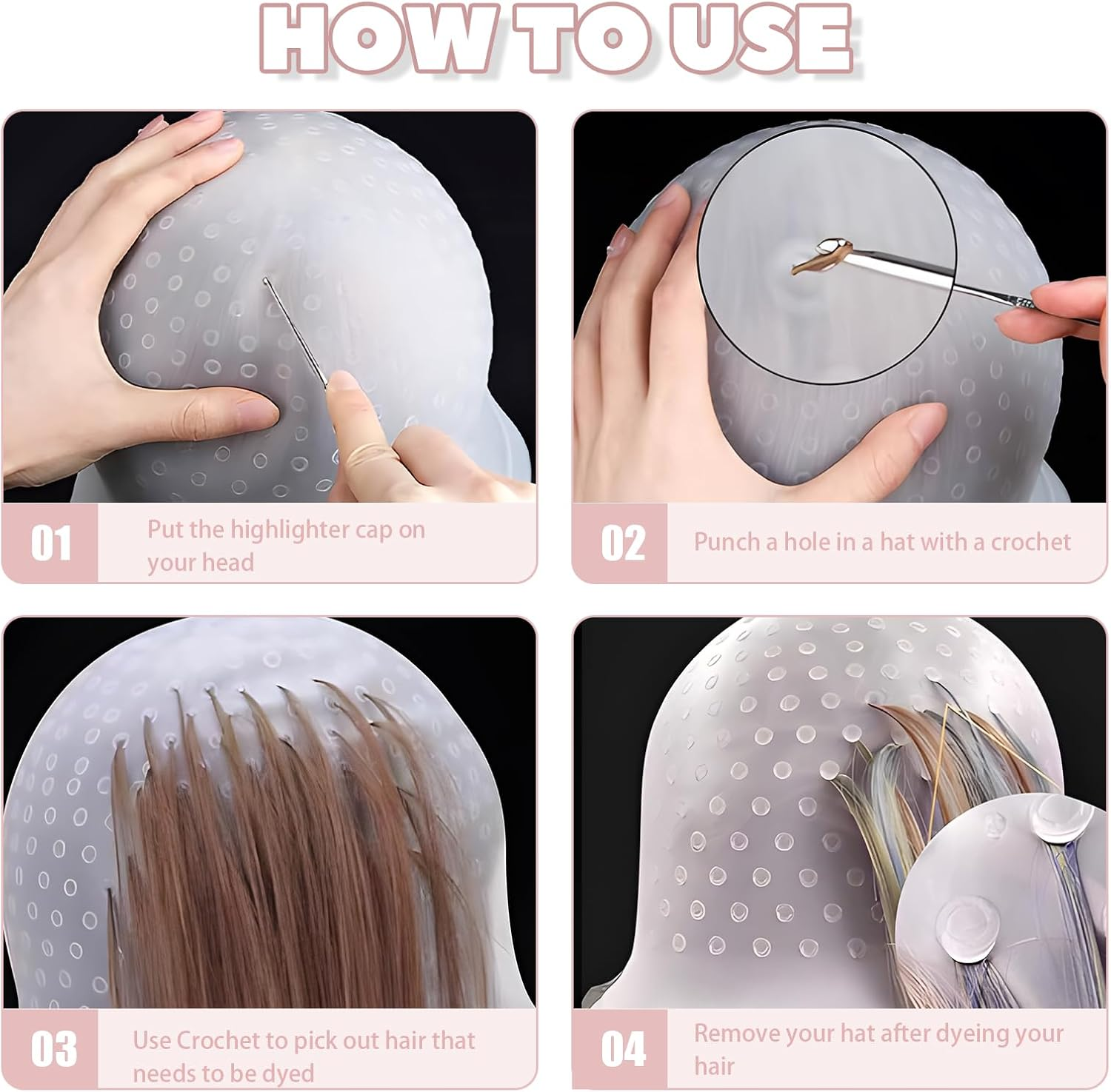 Teccfly Silicone Hair Dye Cap with Hook, Reusable Silicone Highlighted Hair Cap for Salon & Home Use, Fits Most Head Sizes (22X30.5Cm/8.7&times;12 In) image number 5