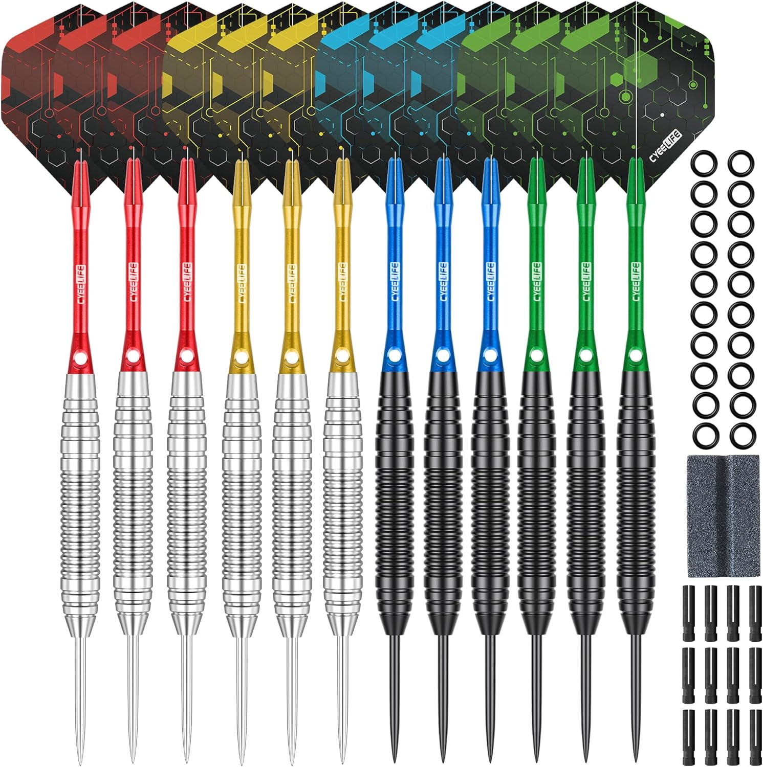 Cyeelife Steel Tip Darts 12 Pack,Professional 20 Grams Metal Dart Set with 4 Color Premium Aluminum Shafts, 4 Style 16Pcs PET Flights and 12 Alu Flight Protectors,Beginner or Professional Darts image number 3