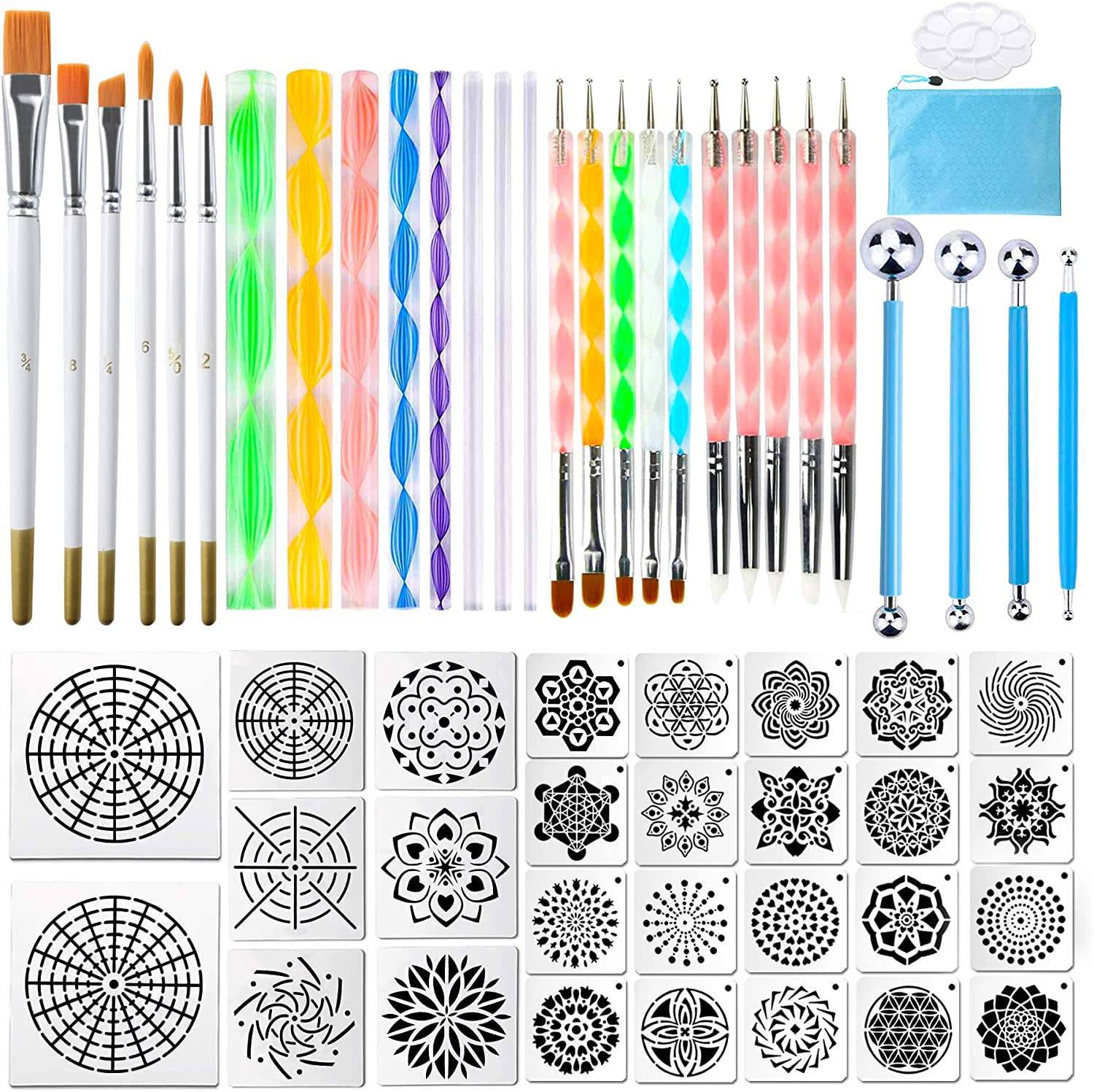 58PCS Mandala Dotting Tools Set with a Blue Zipper Waterproof Storage Bag for Painting Rocks