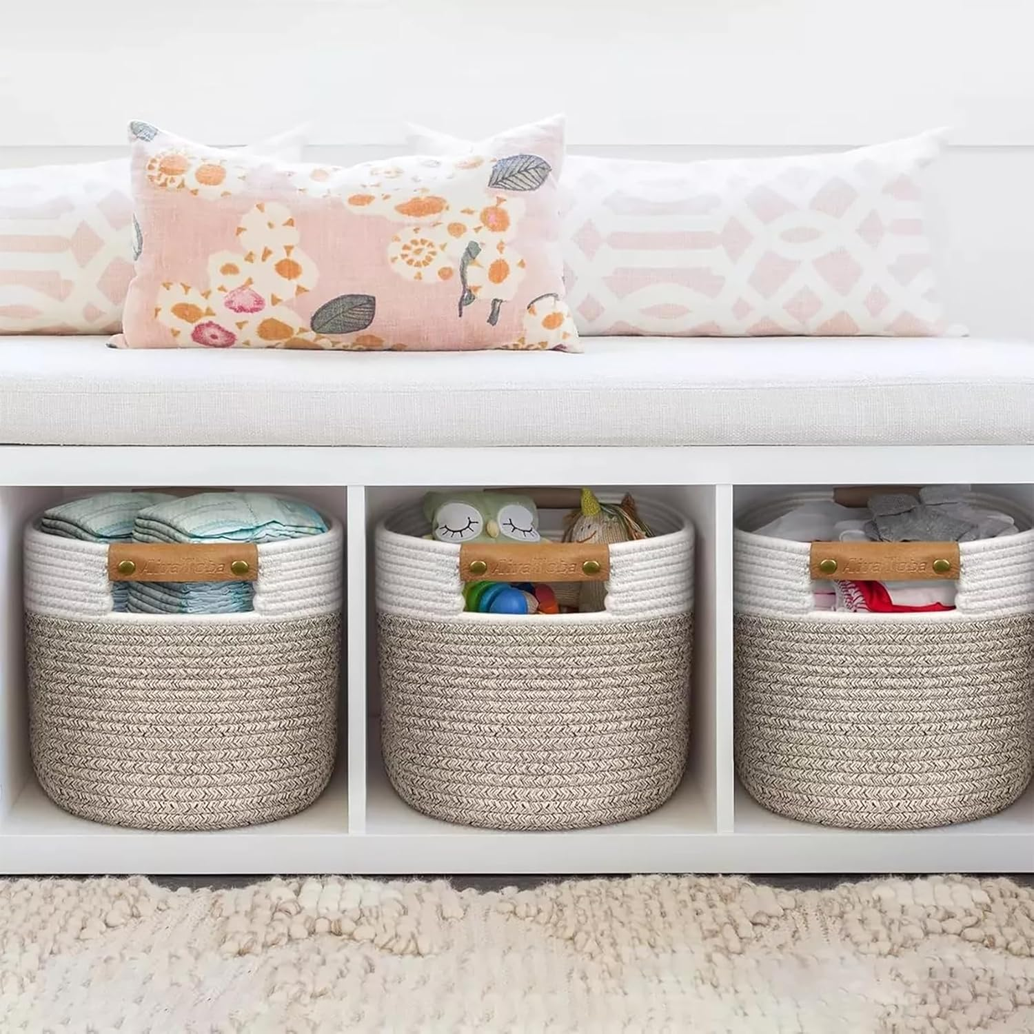 3Pc Foldable Woven Storage Baskets: Detachable Handles - 100% Cotton Rope for Clothing, Toy and Home Organization​(White+Beige,3) - Black image number 2