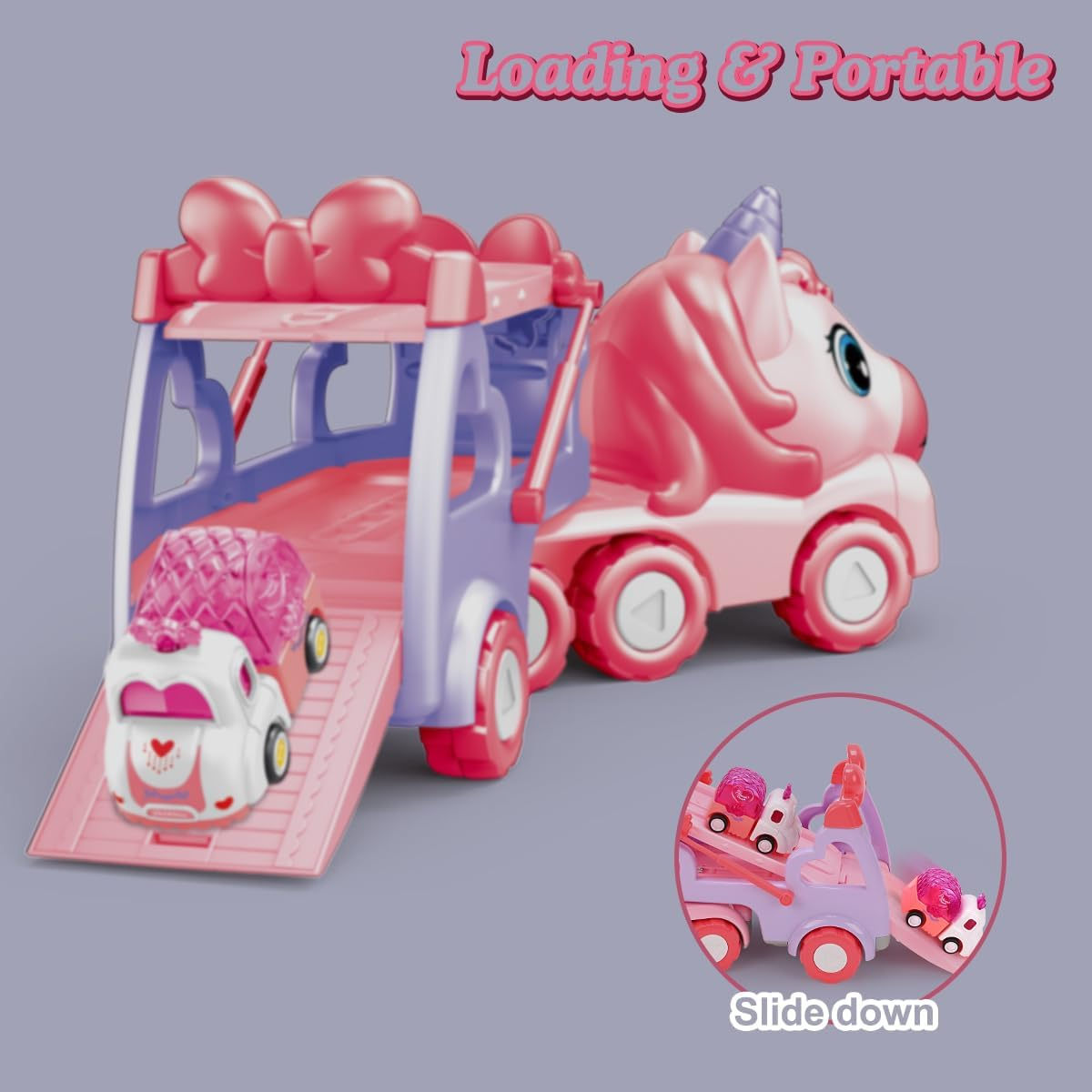 Qizebaby Toy Cars for Toddlers Girls，5 in 1 Carrier Truck Toy for Kids，Transport Vehicles with Light & Music,Unicorn Toys for 1 2 3+ Year Old Girl Gifts image number 2