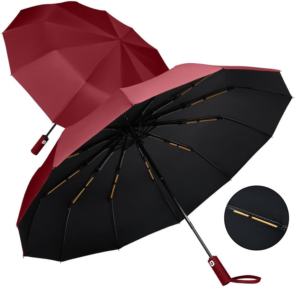 Strong Windproof Automatic Umbrellas, 24 Strong Ribs Umbrella, 99% UV Protection, One Button Auto Open and Close, Compact Travel Umbrella, Portable Folding Umbrella for Men and Women - Wine Red image number 6
